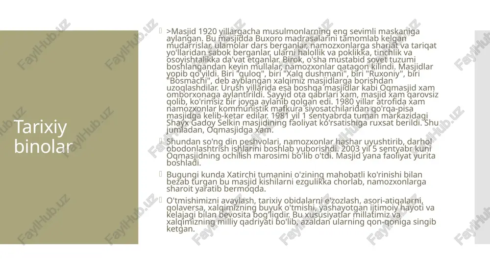 namunalaridan biri hisoblanadi. u haqda temuriylar faxr bilan: „kim bizning kuch- qudratimizga shubha qilsa, kelib biz qurgan binolarni koʻrsin“, deganlar. 2001- yilda bu uch madrasa unesconing butun dunyo yodgorliklari roʻyxatiga kiritilgan. registon maydoni- tarixda shaharning ilm-fan, siyosat va diniy markazi bo’lgan. “registon ” so’zi “qumloq joy” degan ma’noni anglatadi. ansambillar o’rta asrlarda hamma katta shaharlarda markazlar “registon” deb atalar edi. shu nomdagi maydonlar buxoro, shahrisabz va toshkentda ham bo’lgan. samarqanddagi maydon esa o’rta osiyodagi eng mahobatli va tahsinga sazovor maydonlardan biri edi. bu maydonda bir necha ming yillik tarix mujassam. amir temur podshohligi davrida registon samarqandning markaziga aylantirildi. ulug’bek davri (1409-1447)da esa maydon bundan ham muhimroq ahamiyatga ega bo’ldi. zamonaviy registon ansambli o’zida ulug’bek madrasasi (1417-1420), sherdor madrasasi(1619-1636) va tillakori masjid-madrasasini (1647-1660) mujassam etadi.registonning janubiy tomonida xalq orasida “childuxtaron” deb atalmish xonaqoh va maqbaralar joylashgan edi. ularni ko’chkunjihon (1527-1530) qurdirgan edi va tillakori madrasasiga qo’sh qilib bunyod etilgan edi. u …