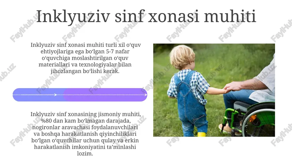 rni talab qilishi mumkin. inklyuziv ta'lim, kamida 3 ta asosiy tamoyilga asoslanadi: teng imkoniyatlar, farqlash va qo'llab-quvvatlash, o'quv jarayoniga integratsiya. bu 10 dan ortiq talabalarga moslashtirilgan individual dasturlarni yaratishni talab qiladi. qiyinchiliklar va to'siqlar maktab infratuzilmasining 30% dan kamrog'i nogironlar uchun moslashtirilgan bo'lib, bu ularning ta'limga kirishini cheklaydi va inklyuziv ta'lim tamoyillariga rioya qilinishini qiyinlashtiradi. o'qituvchilarning 60% dan ortig'i maxsus ehtiyojlarga ega bo'lgan o'quvchilar bilan ishlash bo'yicha yetarli darajada tayyorgarlik ko'rmagan, bu esa ularga samarali pedagogik yordam ko'rsatishni qiyinlashtiradi. inklyuziv ta'limning asosiy tamoyillari inklyuziv ta'limning muhim tamoyili – o‘qituvchilarning malakasini oshirish va ularni kamida 5 ta turdagi maxsus ehtiyojli bolalar bilan ishlashga tayyorlash bo‘yicha doimiy o‘qitish va qo‘llab-quvvatlashni ta'minlashdan iborat. inklyuziv ta'limda kamida 3 xil pedagogik texnologiyalar va strategiyalar, masalan, differensial ta'lim, hamkorlikda o‘rganish va moslashtirilgan baholash qo‘llaniladi. inklyuziv ta'limning afzalliklari inklyuziv ta'lim, o'quvchilarning 90% gacha o'zlashtirish ko'rsatkichlarini yaxshilashga yordam beradi, bu esa umumiy akademik natijalarni sezilarli darajada oshiradi va …