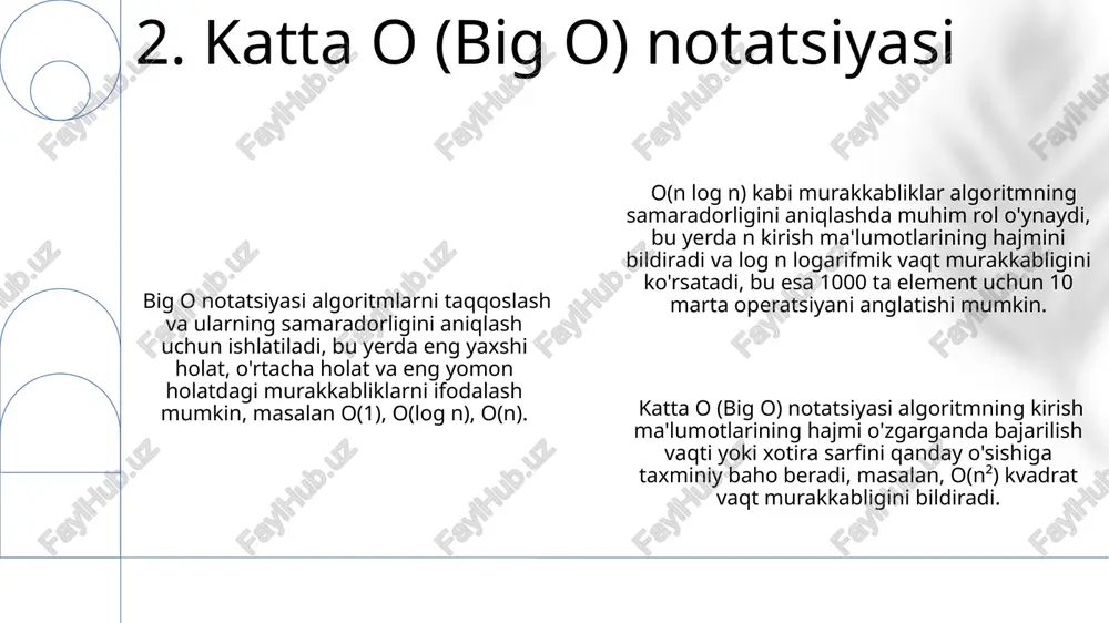 a, kichik n qiymati uchun farq sezilarli bo'lmasligi mumkin. 9. big o notatsiyasining cheklashlari o'rtacha holat, eng yomon va eng yaxshi holatlar orasidagi farq ba'zan juda katta bo'lishi mumkin, masalan, qidiruv algoritmlarida eng yomon holat o(n), o'rtacha o(n/2) va eng yaxshi o(1) bo'lishi mumkin. eng yomon holatda algoritm o(n²) murakkablikka ega boʻlishi mumkin, bu esa n ta elementli massiv uchun n² marta operatsiya bajarilishini bildiradi, o'rtacha holatda esa o(n log n) boʻlishi mumkin. algoritmlarni tahlil qilishda eng yaxshi holat kamdan-kam hollarda hisobga olinadi, chunki u algoritmning samaradorligini aniqlash uchun etarli ma'lumot bermaydi, lekin o(1) murakkablik ideal holat hisoblanadi. 10. eng yomon holat, o'rtacha holat va eng yaxshi holat theta (θ) notatsiyasi algoritmning o'rtacha holatdagi bajarilish vaqtini yoki xotira sarfini aniq ifodalaydi, bu esa o va ω chegaralarining o'rtasida joylashgan bo'ladi, masalan, θ(n log n). katta o (o) notatsiyasi algoritmning eng yomon holatdagi bajarilish vaqtini yoki xotira sarfini ifodalaydi, ya'ni n …