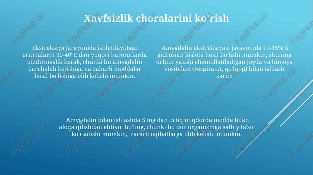 o ishlab chiqarish xarajatlari bilan solishtirganda foyda darajasi past bo'lishi mumkin. amygdalinni toza holda ajratib olish yuqori texnologiyalar va maxsus uskunalarni talab qiladi, bu esa investitsiyalar hajmini 100 million so'mdan oshirishi mumkin. amygdalin ekstraksiyasi jarayonida xom ashyo narxi, masalan, o'rik yadrosi 1 kg uchun o'rtacha 5-10 ming so'mni tashkil etadi va bu umumiy xarajatlarning sezilarli qismini egallaydi. amygdalin ekstraksiyasi usullari amygdalinni ekstraksiya qilishda, 70% etanol yoki suv-etanol aralashmasidan foydalaniladi, bu jarayon 24-48 soat davom etadi va samaradorlikni oshirish uchun ultrasonik to'lqinlardan foydalanish mumkin. ekstraksiya jarayonining samaradorligi xom ashyoning turi, 5-10% miqdorida ishlatiladigan kislotali yoki ishqoriy katalizatorlarning mavjudligiga bog'liq bo'lib, u hosil bo'lgan mahsulotning miqdorini oshiradi. amygdalinning toza shaklda ajratib olinishi uchun, hplc (yuqori samarali suyuqlik xromatografiyasi) kabi ilg'or usullar qo'llaniladi, bu usul 98% dan yuqori tozalikka erishish imkonini beradi. e'tiboringiz uchun rahmat @taqdimot_robot