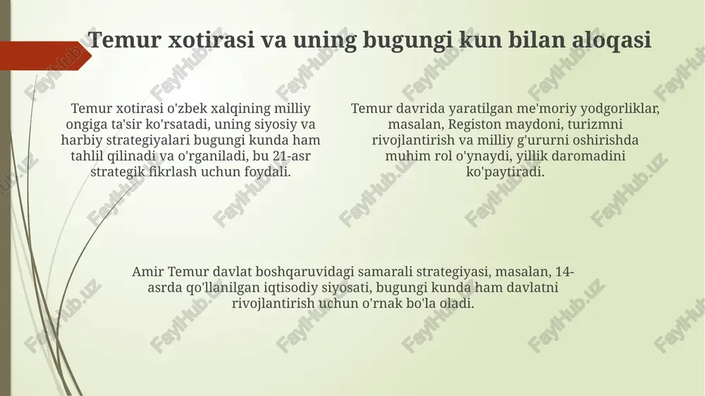 dan ortiq me’moriy yodgorliklar buning yorqin misolidir. temur davlatining iqtisodiy qudrati, 15-asrda 30 mingdan ortiq askarni o‘z ichiga olgan kuchli armiya va keng ko‘lamli savdo yo‘llari tarmog‘i bilan ta’minlangan, bu davlatning barqarorligini kafolatlagan. temur merosi davrida 14-asr oxiri va 15-asr boshlarida movarounnahrda 20 dan ortiq yirik shaharlar obodonlashtirildi, bu esa iqtisodiy taraqqiyotga katta hissa qo‘shdi. temur davlatini qurish bosqichlari temur davlati shakllanishining dastlabki bosqichi, 1369-yildagi sirdaryo vodiysi va movarounnahrni zabt etish bilan boshlanib, kichik amirliklardan kuchli imperiya qurishga asos soldi. temur davlatining mustahkamlanishi xiv asrning ikkinchi yarmida, uning markaziy osiyo, yaqin sharq va kavkaz hududlaridagi muhim strategik markazlarni nazoratga olish jarayonida yakunlandi. 1370-yillardan boshlab, temur qo'shinlari xorazm, eron va oltin o'rda hududlarini zabt etib, davlatning geografik chegaralarini keskin kengaytirdi, bu esa harbiy-ma'muriy islohotlarni talab qildi. harbiy islohotlar va armiya tuzilmasi temur qo'shini yuqori darajada intizomga va harbiy mahoratga ega bo'lib, ularning jang usullari, taktikasi va qurollanishi zamonining eng ilg'or texnologiyalaridan …