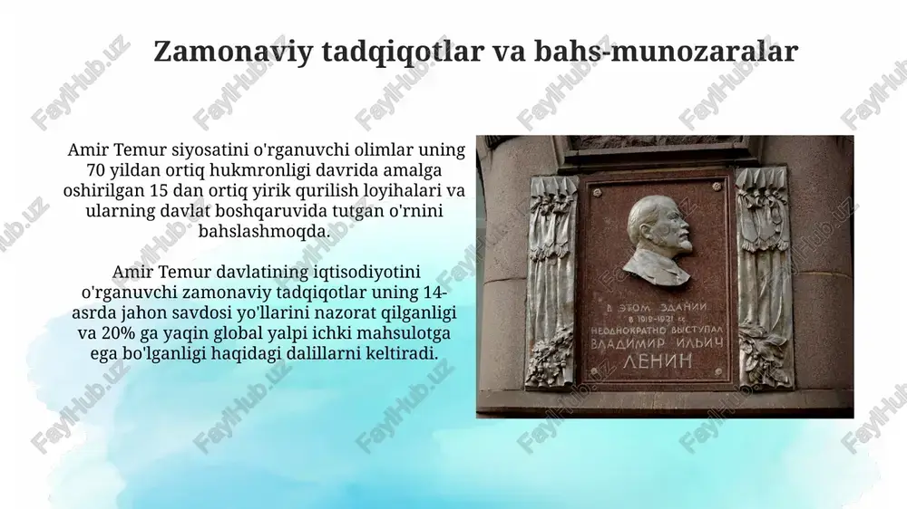 qoʻshinlarning ta'minoti va logistikasi, shu jumladan oziq-ovqat, qurol-yarogʻ va tibbiy yordam, temur qoʻshinining samarali harakatlarida muhim rol oʻynagan va 500 dan ziyod qoʻshimcha xizmat koʻrsatuvchi guruhlar mavjud edi. amir temur armiyasining tarkibi 100 000 dan ortiq jangchi, shu jumladan piyoda askarlar, otliq qoʻshinlar va ogʻir qurollangan otryadlarni oʻz ichiga olgan murakkab tuzilmani aks ettirgan. iqtisodiyot va savdo rivoji temur imperiyasi hududida pul birligi sifatida tangalarni yagona standartlashtirish, inflyatsiyani nazorat qilish va iqtisodiyotning barqaror rivojlanishiga hissa qoʻshdi. amir temur davrida yevropa va osiyo oʻrtasidagi savdo yoʻllari faollashdi, bu esa xalqaro savdo hajmining 30% ga oʻsishini ta’minladi. adabiyot va sanʼat temur hukmronligi davrida samarqandda buyuk kutubxona tashkil etilgan bo'lib, unda 80 mingdan ortiq qo'lyozma saqlangan, bu esa davlatning madaniy taraqqiyotiga katta hissa qo'shgan. amir temur tomonidan qo'llab-quvvatlangan mashhur shoir va adiblar, masalan, hafiz va navoiy singari, o'z asarlarida islom falsafasi va sufizm kabi falsafiy tushunchalarni o'z ichiga olgan. e'tiboringiz uchun rahmat @taqdimot_robot …