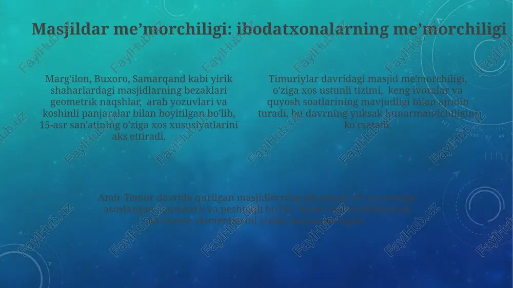 g davomiyligini koʻrsatadi. madrasalar meʼmorchiligi: taʼlim muassasalarining meʼmorchiligi timuriylar davrida qurilgan madrasalar, masalan, registon maydonidagi uchta madrasa (ulugʻbek, sher-dor va tillya-kari) oʻzining simmetrik tarhi va 4-hovli sistemasiga ega edi. madrasalarning meʼmoriy bezagi, ayniqsa ganch ishlari, koshin naqshlari va yozuvlar bilan boyitilgan boʻlib, islomiy geometrik naqshlar va kufiy yozuvlar ustunlik qilgan. mirzo ulugʻbek madrasasi kabi yirik taʼlim muassasalarida 100 dan ortiq hujra, kutubxona va masjid boʻlib, oʻquvchilarga qulay sharoit yaratilgan. shox-i-zinda maqbarasi: nafis bezaklar va majoziy sanʼat majmuada qo'llanilgan majoziy sanʼatning asosiy elementlari orasida arabeskalar, geometrik naqshlar va guldor motiflar mavjud bo'lib, ular 15-asr miniatyura sanʼatiga xosdir. shox-i-zinda maqbaralarining devorlari va gumbazlari ko'k, moviy, yashil va oltin kabi turli xil ranglardagi koshinlar bilan bezatilgan bo'lib, bu ranglarning uyg'unligi hajmli hissiyotni yaratadi. shox-i-zinda majmuasining 14 ta maqbarasi turli xil bezaklarga ega bo'lib, ularning har biri o'ziga xos me'moriy uslub va nafis ganch o'ymakorligi bilan ajralib turadi. ganchkorlik sanʼati: temuriylar davridagi ganch naqshlari …