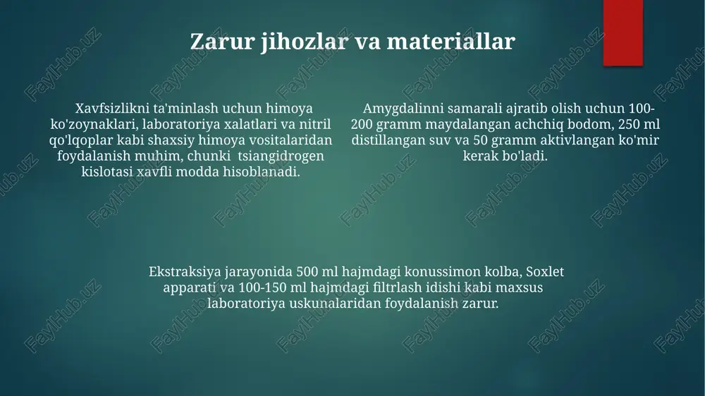 di va uning tozaligi 95% dan oshadi. amygdalin kristallarini olish uchun, ekstrakt sovuq aseton bilan cho'kma hosil qilib, qayta kristallanish usuli qo'llaniladi va 2-3 marta takrorlanadi. ekstraksiyaning samaradorligini baholash amygdalin ekstraksiyasi samaradorligini baholashda 95% dan yuqori chiqish ko'rsatkichi yuqori sifatli ekstraksiyani ko'rsatadi, bu esa ishlatilgan usulning samaradorligini tasdiqlaydi. amygdalin ekstraksiyasining samaradorligini baholashda, hosil bo'lgan ekstraktning tozaligini aniqlash uchun yupqa qatlamli xromatografiya (tlc) orqali o'tkazilgan tahlillar natijalari 0,9 dan yuqori tozalik koeffitsiyentini ko'rsatishi zarur. ekstrakt tarkibidagi amygdalin miqdorini aniqlash uchun yuqori samarali suyuqlik xromatografiyasi (hplc) yordamida o'tkazilgan tahlillar natijalariga asoslanib, ekstraksiya samaradorligi 80% dan yuqori bo'lishi kerak. e'tiboringiz uchun rahmat @taqdimot_robot image1.png image2.png image3.png image4.png image5.png image6.png image7.png image8.png image9.png image10.png