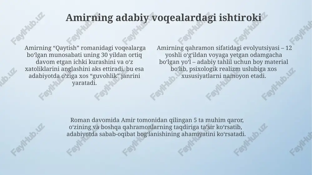 mir obrazi orqali yozuvchi afg‘on madaniyati, an’analari va 1970-yillar davridagi siyosiy voqealarni 10 dan ortiq epizodlar orqali aks ettiradi. amirning qahramonlikka intilishi va o‘z-o‘zini anglashi jarayoni adabiyotshunoslikda individual rivojlanishning 3 bosqichini (bolalik, voyaga yetish, qaytish) ko‘rsatadi. amir va uning atrofidagi muhit amirning hikoyasi orqali 1970-yillardan 2000-yillarga qadar bo‘lgan afg‘onistonning ikki xil ijtimoiy-madaniy muhitini taqqoslash mumkin. amirning o‘zining va yaqinlarining hayotidagi 12 yillik voqealarni batafsil bayoni, adabiy muhitning ijtimoiy-siyosiy kontekstini aks ettiradi. kitobda amirning shaxsiy rivojlanishi, 3 ta asosiy bosqichga bo‘lingan bo‘lib, har bir bosqich uning atrofidagi muhitga ta'sirini ko‘rsatadi. amirning boshqa qahramonlar bilan munosabati amirning baba bilan boʻlgan murakkab va nozik munosabati, oʻgʻilning otasiga boʻlgan ehtiromi va qabul qilinish istagi, uning hayotdagi tanlovlariga 3 ta muhim omil sifatida ta'sir ko'rsatadi. amirning hassan bilan bolalikdagi yaqin doʻstligi, keyinchalik xiyonat va qasos olish motivlari bilan murakkablashadi, bu esa amirning axloqiy taraqqiyotining muhim elementi hisoblanadi. amirning sohrab bilan boʻlgan murakkab munosabati, otalik instinkti …