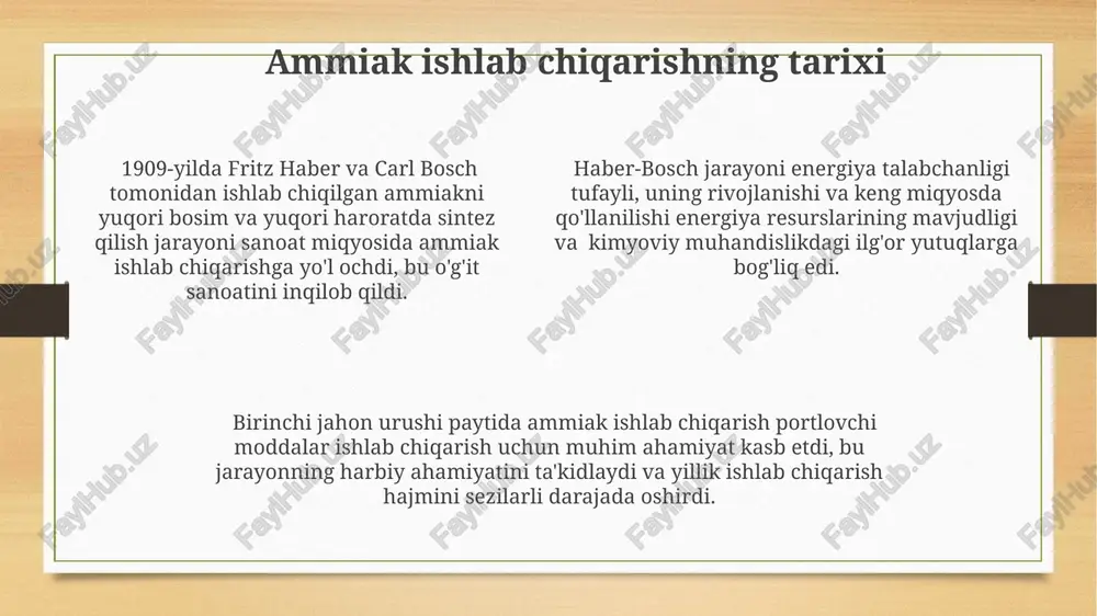 ega va taxminan -33°c da qaynaydi, bu esa samarali sovutishni ta'minlaydi. ammiakning 80% dan ortig'i mineral o'g'itlar, xususan, karbamid, ammiakli sulfat va ammiakli nitrat ishlab chiqarishda ishlatiladi, bu global oziq-ovqat ta'minoti uchun muhim ahamiyatga ega. temperatura va bosimning ta'siri ammiak ishlab chiqarishda optimal harorat 450-500°c oralig'ida bo'lib, bu reaksiya tezligini oshirishga yordam beradi, lekin juda yuqori harorat mahsulot hosil bo'lish darajasini pasaytiradi. 200 atm bosimda ammiak hosil bo'lish darajasi sezilarli darajada oshadi, chunki bu reaksiyada gazlar hajmi kamayadi (1:3 nisbatda). le shatelye printsipi bo'yicha, bosimni oshirish va haroratni pasaytirish ammiak hosil bo'lishini kuchaytiradi, lekin past harorat reaksiya tezligini sekinlashtiradi. reaksiya kinetikasi va termodinamikasi haber-bosch jarayonida 300-500°c va 150-350 atm bosimda ammiakning chiqishi taqriban 15-20% ni tashkil etadi. reaktsiyaning termodinamik jihatdan muvozanati past temperaturalarda va yuqori bosimlarda ammiak tomon suriladi, lekin bunda reaktsiya sur'ati past bo'ladi. ammiak sintezining kinetikasi faollovchi energiyasi 100-200 kdj/mol atrofida bo'lib, bu yuqori temperaturalarni talab qiladi. tadqiqotlar …