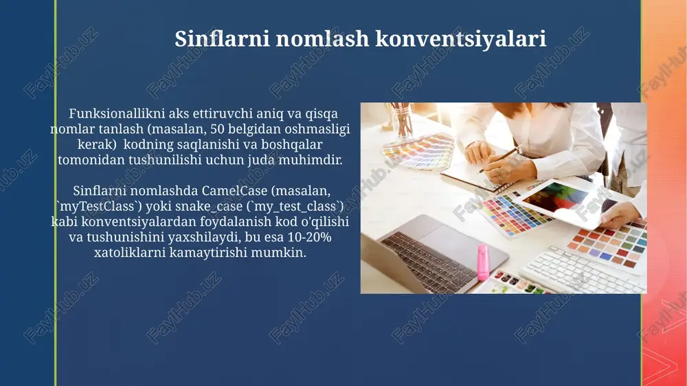 ni qo'llash, xotira sarfini 10% ga kamaytirib, dasturning umumiy samaradorligini yaxshilaydi. bu xotira boshqaruvi uchun muhimdir. hujjatlashtirish va kodni o'qishliligini ta'minlash hujjatlashtirishda javadoc yoki sphinx kabi standart vositalardan foydalanib, kodning har bir qismini, funksiyasini va parametrlarini batafsil bayon qilish lozim. bu kodni boshqalar uchun tushunarli qiladi. kodni o'qishliligini oshirish uchun 2 dan ortiq bo'lmagan darajadagi kirishni ishlatish va funksiyalarni 50 satrdan oshmasligi tavsiya etiladi. hujjatlashtirishda aniq va tushunarli izohlar berish muhim. e'tiboringiz uchun rahmat @taqdimot_robot image4.jpg image5.jpg image6.jpg image7.jpg image8.jpg image9.jpg image10.jpg image11.jpg image12.jpg image13.jpg image14.jpg image15.jpg image16.jpg image17.jpg image18.jpg image19.jpg image2.png image3.png , | peeeedseded ,, p= el pet cee esee ste