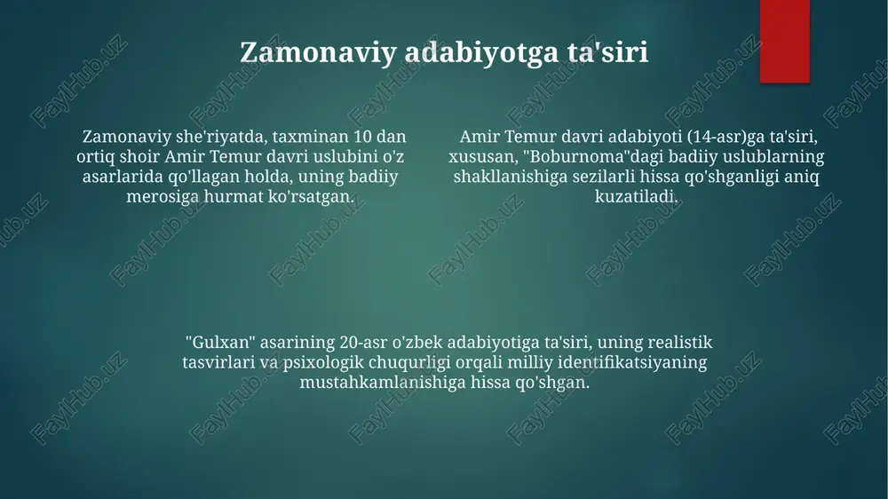 von uslub bilan birga, gulxanining asarlarida 2-3 xil sheʼriy oʻlchovlarning qoʻllanilishi kuzatiladi. amiriyning adabiy muhitdagi o'rni amiriyning adabiy merosida 100 dan ortiq ruboiy, g'azal va masnaviylar mavjud bo'lib, ularning aksariyati ijtimoiy-siyosiy mavzularda yozilgan va o'z davrining ijtimoiy muammolarini aks ettiradi. amiriy 19-asr o'zbek adabiyoti rivojiga katta hissa qo'shgan bo'lib, 20 dan ortiq asarlarini qoldirgan, shulardan 5 tasi doston janriga mansub. uning she'riyati va nasriy asarlari orqali milliy g'oya va ma'naviyatni targ'ib qilishda muhim rol o'ynagan, zamonaviy adabiyotga yo'l ochuvchi ko'plab yangi uslublarni joriy qilgan. e'tiboringiz uchun rahmat @taqdimot_robot image1.png image2.png image3.png image4.png image5.png image6.png image7.png image8.png image9.png image10.png