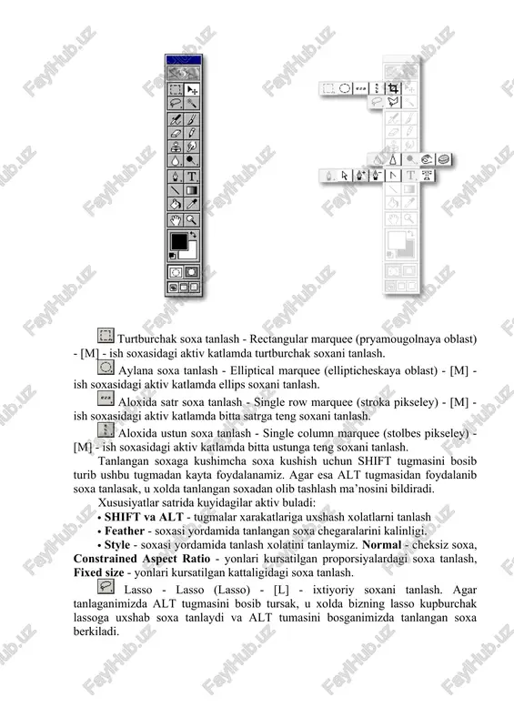 yoki nusxa olib yangi katlamga uni kuyishimiz mumkin. yoki uni xajmini uzgartirish va aylantirishimiz mumkin. va nixoyat uni ish soxa buylab siljitishimiz mumkin. xarakatlanuvchi - move (peremeshenie) - [v] - tanlangan soxani ish soxa buylab xarakatlantirish. agar alt tugmani bosib xarakatlanishni boshlasak, u xolda tanlangan soxaning nusxasi olinib u xarakatlanadi. agar esa shift tugmasidan foydalansak, u xolda tanlangan soxa fakat vertikal va gorizontal xarakatlanadi. tanlangan soxani klaviaturadagi yunalish strelkalari yordamida xam xarakatlantirish mumkin, shunda xar bita strelka bosilganida, tanlangan soxa 1 pikselga siljiydi. xususiyatlar satrida kuydagilar aktiv buladi: · auto select layer soxasi - sichkoncha yordamida aktiv bulmagan katlamni aktiv kilish. · show bounding box - tanlangan soxa chegaralarida ramka xosil kilish. ushbu ramka yordamida rasmni chuzish va aylantirish mumkin buladi. kadrlovchi - crop (kadrirovanie) - [c] - faylning kerak emas kismlarni kirkib olib rasmni kichkinalashtirish. buning uchun kerakli soxani tanlab enter tugmasini bosamiz, agar tanlanishni bekor kilmokchi bulsak esc …