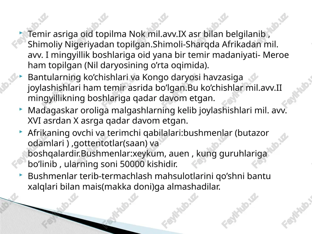 atiy uroven afrikaliklar folklori to’rt guruhga bo’lingan : afsonalar va afsonaviy ertaklar ; sehrli ertaklar ; maishiy ertaklar ; maqol va matallar alohida o’rin tutadi . eng sodda musiqa asbobi kongo bushmenlarida bo’lib , bitta tordan iborat . xalq ijodiyoti afrika milliy musiqasi musiqa asbobi ( zombi ) obrazets teksta vtoroy uroven tretiy uroven chetvertiy uroven pyatiy uroven diniy tasavvurlarida fetishizm , ya’ni qoyatosh , daraxt , maxsus yasalgan buyumlarga sig’inish , topinish mavjud bo’lgan . totemizm bushmenlarda - kiyik , buqaga ; mandigolarda – timsoh , toshbaqa , antilopalarga e’tiqod qilishgan . afrikaning hind aholisi asosan jaynizm diniga topinadi . diniy tasavvurlari gaiti dini efiopiya musulmonlari janubiy afrika zuluslari obrazets teksta vtoroy uroven tretiy uroven chetvertiy uroven pyatiy uroven e'tiboringiz uchun rahmat image2.jpeg image3.jpeg image4.jpeg image5.jpeg image6.jpeg image7.jpeg image8.jpeg image9.jpeg image10.jpeg image11.jpeg image12.jpeg image13.jpeg image14.jpeg image15.jpeg image16.jpeg image17.jpeg image18.jpeg image19.jpeg image20.jpeg image21.jpeg image22.jpeg image23.jpeg image24.jpeg image25.jpeg image26.jpeg image27.jpeg image28.jpeg …