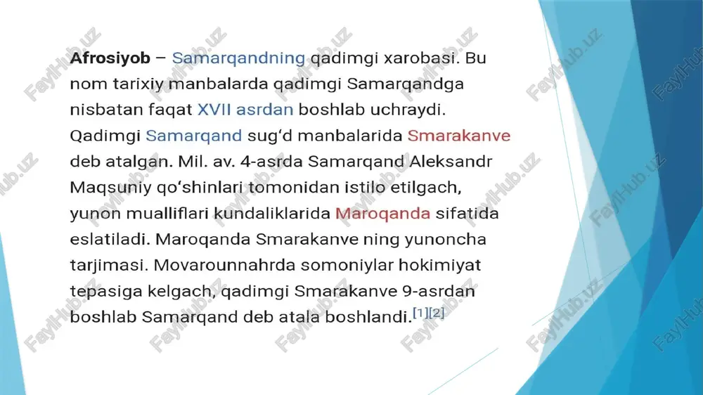 hahar mudofaachilari tengsiz jangda taslim bo'ldilar. bosqinchilar shaharning devor va darvozalarini vayron qilib saroy, masjid va il o < _ 07:58 gal oo @ sul olimlar n. i. veselovskiy (1884-85, 1895), v. v. bartold (1904) va v. l. vyatkin (1905; 1912- 13)lar shug'ullanishdi. 1919-yilda m. ye. masson, v. l. vyatkin tadqiqot boshlagan joylarda qazish ishlarini davom ettirib, somoniylar saroyi (9-asr) xarobalarini ochdi. 1925, 1929-30 ylarda v. l. vyatkin afrosiyobda qazish ishlarini davom ettiradi va uning turli davrdagi tarixiga oid ko‘plab materiallar to‘playdi. ammo 1930-yillarga qadar afrosiyobda olib borilgan arxeologik gazishmalar qadimgi samarqand tarixiga doir juda kam materiallar bergan. urushdan keyin o'zbekiston faning tarix va arxeologiya instituti olimlaridan afrosiyob |. terenojkin tomonidan afrosiyobda jiddiy dala tadqiqotlari o'tkazildi. natijada uning eng pastki qatlamidan miloddan awvalgi 6—5-asrlarga taalluqli buyumlar, uy- joy xarobalari topildi. v. afrosiyob shishkin (1958-66) va ya. f. g'ulomov (1967-70)lar rahbarligida olib borilgan keng ko'lamli arxeologik qazishlar natijasida qadimgi madaniy qatlam …