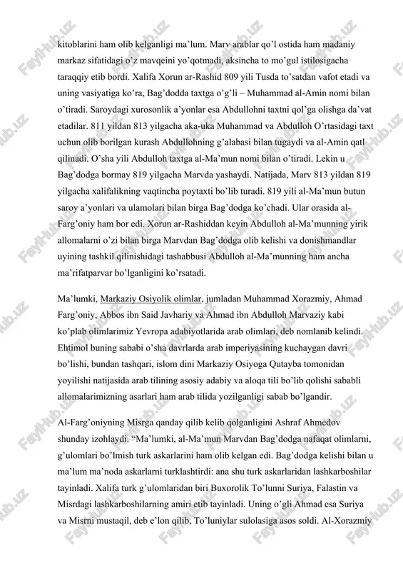 bha yo’q. o’ylaymizki, al-farg’oniyning ijodi va ilmiy merosiga kelsak, uning asarlari nomlari dalolat berishicha, ular asosan astronomiyaga bag’ishlangan. ahmad farg’oniy asarlaridan astronomiyaga oid bo’lgan faqat quyidagi sakkiz asarning yetib kelganligi, ularning zamonaviy tillardagi tarjimasining yo’qligi yana ham achinarli. ular quyidagilardir: “astronomiya asoslari haqida kitob”, “astrolyabiya yasash haqida kitob”, “astrolyabiya bilan amal qilish haqida kitob”, “al-farg’oniy jadvallari”, “ oyning yer ustida va yer ostida bo’lish vaqtlarini aniqlash haqida risola”, “quyosh soatini yashash haqida kitob” va “al –xorazmiy zijining nazariy qarashlarini asoslash ”. bu qo’lyozmalarning va ulardan ayrimlarining chet tillardagi tarjimasining ham bizda yo’qligi nihoyatda achinarlidir. manbalardan ma’lum bo’lishicha, ahmad farg’oniyning hozircha ma’lum bo’lgan va yuqorida nomlari keltirilgan asarlaridan faqat ikkitasi, “astronomiya asoslari haqida kitob” va “astrolyabiya yashash haqida kitob” xii asrdan boshlab dastlab ispan va lotin tillariga tarjima qilingan. shunday qilib, xalifalikda viii asr oxiri va ix asrda fan hamda madaniyat sohasidagi ulkan ko’tarilish asosan xalq ommasi ongi va tafakkuridagi progressiv …