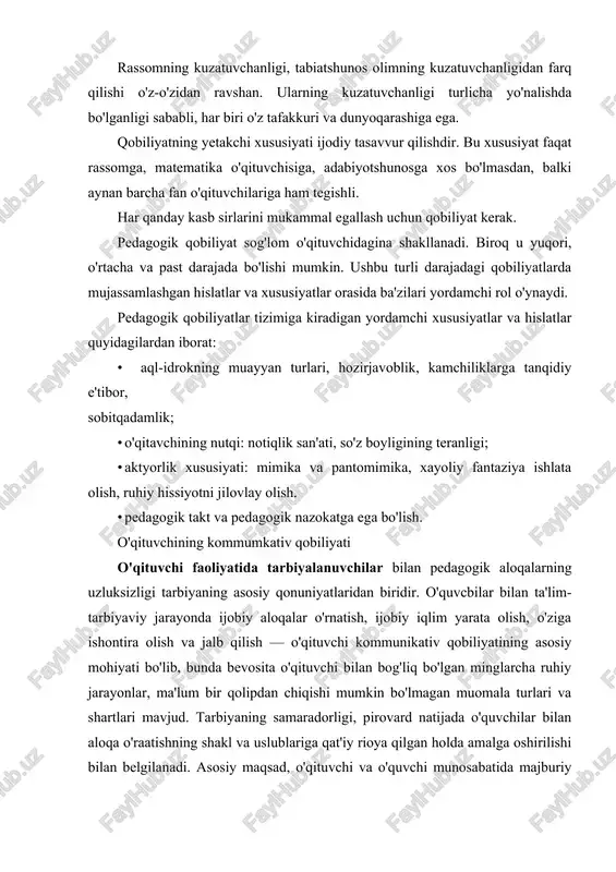 kerak. albatta, bu nihoyatda qiyin jarayon, zero tarbiyaning ha rbir usuli, tarkibiy qismi va tashkil etuvchi usullari muomala orqali aloqa o'rnatishmng samaradorligiga bog'liq. ushbu jarayon bevosita o'qituvchining rikr almashuvi(reflek-siya) bilan bog'liq xususiyatlariga, o'quvchi ruhiy holatini fikr tezligi bilan uqib olish san'atiga va pedagogik ta'sir ko'rsatishning turli usullarini bir-biri bilan o'zaro aloqadorlikda qo'llay bilishiga taalluqli bo'lib, ularuzluksiz shakllanadi. o'qituvchining fikr almashuvi bilan bog'liq kommumkativ qobiliyatini shakllantiravchi asosiy xususiyatlari o'quvchi ongiga qaratilgan faoliyat bo'lib, nihoyatda murakkab jarayonda takomillashadi. o'zaro fikr almashish omillari bilan bevosita bog'liq bo'lgan kommumkativ qobiliyatning quyidagi yo'nalishlari mavjud: · o'quvchilarni ishontirish; · o'quvchilar ongiga ta'sir etish; · o'zgalarga taqlid qilish. o'quvchilarni ishontirish tarbiyalanuvchning ongiga qaratilgan bo'lib, o'qituvchi fikr mulohazalarini ta'sirchan nutq orqali o'quvchining bilimlar tizimiga, dunyoqarashiga, xulq-atvoriga, xatti-harakatiga ta'sir etadi va uni qisman o'zgartiradi. ishontirish o'qituvchining kasb faoliyatiga taalluqli bo'lgan murakkab faoliyatida asosiy ta'sir ko'rsatish vositasi bo'lib, ta'lim-tarbiya jarayonida ishlatiladigan usullardan biri hisoblanadi. o'quvchi ongiga ta'sir ko'rsatish bilan bog'liq …