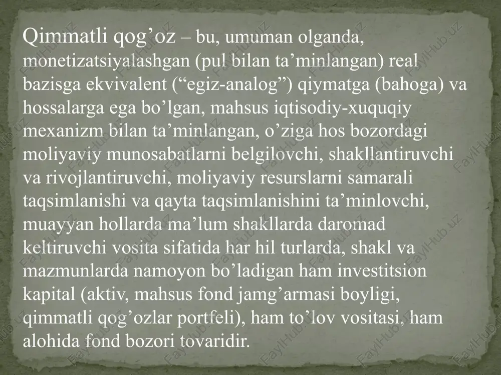 zbekistonda imtiyozli aksiyalar qonunga ko’ra aksiyadorlik jamiyati ustav fondining 20% dan ortmagan miqdorda chikarilishi mumkin . jamiyat dividend to’lashda birinchi navbatda imtiyozli aksiya egalari bilan hisob- kitob qiladi, keyin qolgan mablag’ oddiy aksiya egalariga taqsimlanashi mumkin. obligatsiyalar muddati belgilangan qimmatli qog’ozlar bo’lib, ular ulushga egalikni tasdiqlamaydi. obligatsiya egasining ma`lum miqdorda pul mablag’larini qo’yganini va ma`lum muddatdan so’ng unga belgilangan foiz miqdorini qo’shib, qimmatli qog’ozlar bahosini qaytarish lozimligini tasdiqlovchi hujjatdir. obligatsiyalar amaldagi qonunchilikka va ularning nizomiga asosan mulkchilikning barcha shakldagi korxonalar tomonidan (korxonalar obligatsiyalari), shuningdek, davlat xokimiyatlari xomonidan chiqarilishi mumkin. demak, obligatsiyalar quyidagi turlarga bo’linadi: markaziy hukumatning obligatsiyalari; korxonalar obligatsiyalari. amaldagi qonunchilikka ko’ra korxonalarning obligatsiyalari quyidagi turlarda chiqarilishi mumkin; -odatdagi; -yutuqli; -foizli; yutuqli obligatsiyalar – obligatsiyalar bo’yicha daromad, doimo o’tkazilib turadigan tirajga asosan yutuq tarzida to’lanib turadigan obligatsiyalardir. foizli obligatsiyalar- obligatsiya egasiga vaqti – vaqti bilan belgilangan daromadni olib turish va tugatilayotganda obligatsiyaning nominal qiymatini olish xuquqini beruvchi obligatsiyalardir. to’lovlar muddati …