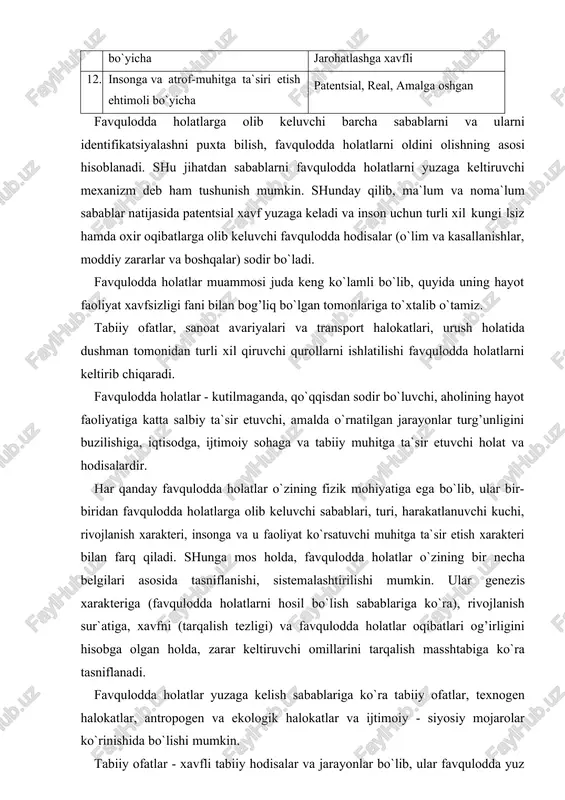 tasniflanishi, sistemalashtirilishi mumkin. ular genezis xarakteriga (favqulodda holatlarni hosil bo`lish sabablariga ko`ra), rivojlanish sur`atiga, xavfni (tarqalish tezligi) va favqulodda holatlar oqibatlari og’irligini hisobga olgan holda, zarar keltiruvchi omillarini tarqalish masshtabiga ko`ra tasniflanadi. favqulodda holatlar yuzaga kelish sabablariga ko`ra tabiiy ofatlar, texnogen halokatlar, antropogen va ekologik halokatlar va ijtimoiy - siyosiy mojarolar ko`rinishida bo`lishi mumkin. tabiiy ofatlar - xavfli tabiiy hodisalar va jarayonlar bo`lib, ular favqulodda yuz berib, insonlarning kundalik hayot tarzini buzilishiga, qurbonlar sodir bo`lishiga, moddiy boyliklarni yo`qotilishiga olib keladi. ularga er qimirlashlar, suv bosimlar, vulqonlar, tsunami (okeanda suv osti zilzilasi yoxud vulqonlarning otilishidan hosil bo`ladigan ulkan to`lkinlar), sel oqimlari, bo`ronlar, o`rmon va torf yong’inlari, qor bosishlari, tosh ko`chishlari, qurg’oqchilik, uzoq muddatli yog’ingarchilik, qattiq sovuq, epidemiya, o`rmon va qishloq xo`jaligi zararkunandalarining ommaviy tarqalishi kabilar kiradi. tabiiy ofatlar hayvonlarning tez harakatlanishi (er qimirlashlar, ko`chishlar), er ichki energiyasining bo`shalish jarayoni (vulqonlar faoliyati, er qimirlashlar), daryo, ko`llar va dengizlar suv sathining ko`tarilishi (suv …