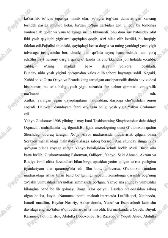 ining ilg‘or ziyolilaridan saboq oldi, muso saidjonov bilan hamkorlik qilib, ularga ixlos qo‘ydi. yuqoridagi olimlar , xususan po‘lat soliev (1882-1937) astraxanda tug‘ilgan, ammo taqdir yo‘llari tufayli turkistonga bir umr mehr qo‘ygan, shu o‘lkada yashab o‘tgan ilk o‘zbek tarixchi professori edi. qozon, ufadagi madrasalarini bitirgan po‘lat majidovich 1909 yildan toshkent, qo‘qon , mirzacho‘l, jalolobod , bekobod maktablarida o‘quvchilariga saboq bergan, 1917 yildagi turkiston muxtoriyati tashkil topishida jonbozlik ko‘rsatgan arbob ham edi. u muxtoriyatning “el bayrog‘i” gazetasining bosh muharriri sifatida faoliyat ko‘rsatadi. muxtoriyat tugatilgach, farg‘onada o‘qituvchilikni davom qildiradi. 1919 yildan toshkentga kelib maorif kurslarini tashkil etish, “inqilob”, “tong” jurnallarini nashr etishga bosh bo‘ladi. bir muddat moskvada yashab ilmiy faoliyat bilan shug‘ullanadi, 1927 yilda esa samarqandga qaytib oliy pedagogika institutida talabalarga saboq bera boshlaydi. “mang‘itlar saltanati davrida buxoro o‘lkasi” , “buxoro tarixi”, “o‘zbekiston ham tojikiston”, “o‘zbekiston tarixi” asarlarini yaratdi. yahyo g‘ulomov keyinchalik xotirlab yozganidek, “po‘lat soliev turkiston tarixi bo‘yicha o‘qigan ma’ruzalari xotimasida kishini …