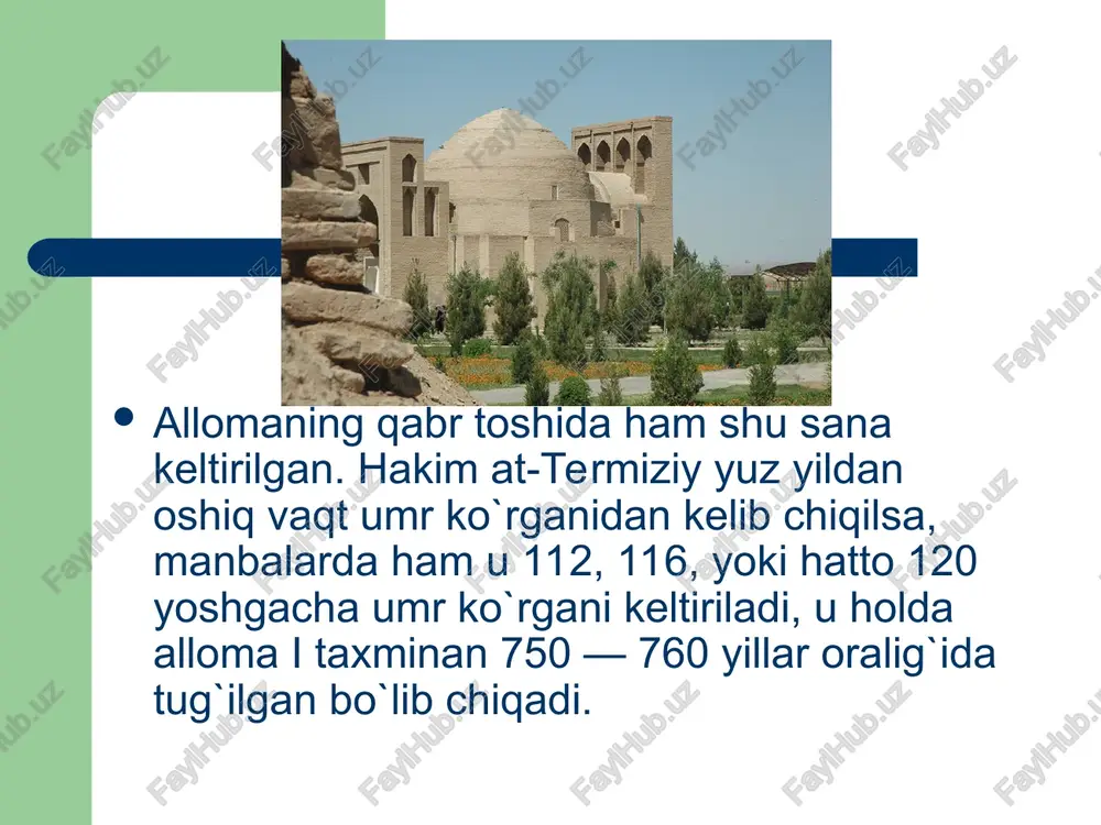 kitob al-amsol min al-kitob vas-sunna. 12.kitob al-manohiy. xakim at-termiziy qalamiga mansub asarlar soni to`g`risida yozma manbalarda turli raqamlarkeltirilgan. ba`zi mualliflar uning asarlari adadi to`rt yuzga boradi, deyishgan. biroq ko`pchilik mualliflar uning asarlari soni saksonga yaqin, deb hisoblashadi. abdulfattox abdulloh baraka yozishicha, hakim at-termiziyshshg to`rt yuz asaridan oltmishga yaqini yetib kelgan. eng muhimi, bizgacha allomaning ilmiy-ma`naviy merosining asosini tashkil qiluvchi asarlari yetib kelgan (2). ular orasidan, eng avvalo, 291 hadisni o`z ichiga oluvchi "navodir al-usul fi ma`rifat axbor ar-rasul" nomli asarini ko`rsatib o`tish zarur. bu asarda hakim at-termiziy dunyoqarashi muayyan darajada bayon etilgan. "navodir al-usul"ning bir qo`lyozma nusxasi toshkentda, o`zbekiston musulmonlari diniy idorasining kutubxona fondida saqlanadi. allomaning nashr etilgan boshqa asarlaridan "kitob xaqiqat al-odamiya", "adab an-nafs"ni sanab o`tish lozim. damashkda, az-zohiriyya kutubxonasida hakim at-termiziyning ikki asari va besh risolasi qo`lyozmalari (tasavvuf turkumi, 104-raqami ostida); misrdagi iskandariya shahrida uch risolasi (maktabat al-baladiyya, 3585-raqami ostida) saqlanmoqda. allomaning londonda saqlanayotgan asarlari ro`yxatida beshta risola …