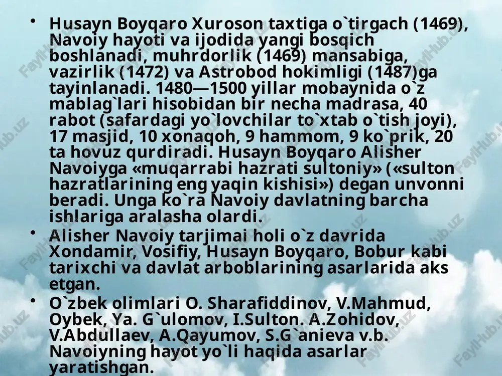 ning tasavvufiy qarashlari deyarli barcha asarlarining ruhiga singgan bo`lsa-da, maxsus «lisonut-tayr» dostoni(1499)da, «nasoyimul-muhabbat» manqabasi]]"(1495-96)da, «tarixi anbiyo va hukamo»(1485-8), «arbain», «munojot» singari asarlarida aks etgan. «lisonut-tayr»da borliq va ilohiyot haqaidagi qarashlarini, inson, tabiat va hayot haqidagi fikrlarini qushlar tili va sarguzashtlari orqali bayon qilgan. o`zbekiston mustaqillikka erishganidan so`ng navoiy asarlarini diniy va so`fiylik jihatidan o`rganish kengaydi, ular ob’ektiv va ilmiy bahosini olmoqda. «arbain», «munojot» kabi asarlari chop etildi. jomiyning «nafahotul-uns min hazarotil-quds» tazkirasini tarjima qilib va to`ldirib, so`z yuritilgan 618ta shayxlar sonini 770 taga yetkazdi. nasriy asarlari navoiy merosining salmoqli qismi nasriy asarlardan iborat. ular ijtimoiy-siyosiy, axloqiy-ta`limiy va ilmiy-falsafiy yo`nalishdadir. «mahbubul-qulub»(1500-01) navoiyning so`nggi yirik asari bo`lib, unda ulug` mutafakkir adibning hayoti davomidagi kuzatishlari, to`plagan boy tajribasi o`z yuqori darajasida aksini topgan. uch qismdan iborat bu asarda «soriun-nosning af'ol va ahvolining kayfiyati» (1), axloqiy muammolar (2), «mutafarriqa favoyid va amsol surati» (3) masalalari ifodalangan. xamsatul-mutahayyirin»(«besh hayrat»,1494) asarida ustozi va do`sti abdurahmon jomiy, …