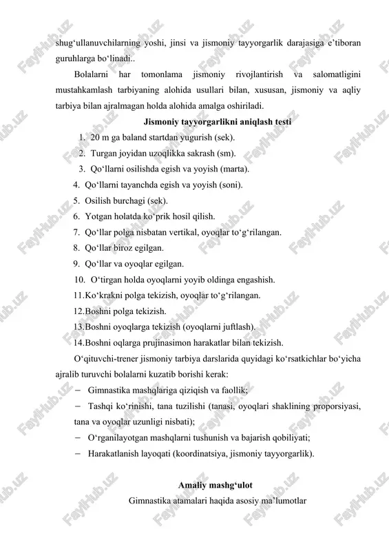 ish va yozib borishda qisqacha belgilashga yordam beradi. gimnastikada so‘zlarning o‘zaklaridan atamalar sifatida keng foydalaniladi: osilish, tayanch, o‘tirish, max va b.q. statik holatlar tayanch shartilan kelib chiqqan holda belgilanadi: turishlar – boshda, yelkada, kurakda, qo‘llarda; tayanish – qo‘llarda va b.q. shuningdek, butun tana va uning alohida qismlarining fazodagi holatidan kelib chiqib: sodda osilishlar – osilish engashgan holda, osilish orqaga engashgan holda, osilish burchakli; aralash osilishlar – osilish o‘tirgan holda, osilish turgan holda, osilish yotgan holda (1-rasm). 1-rasm. aralash osilishlar qo‘llarni yoyib bajariladigan mashqlarni belgilash atamalari u yoki bu harakat amalining o‘ziga xos xususiyatlarini hisobga olgan holda hosil qilinadi: o‘mbaloq oshib turish, qo‘llarni oldinga yoki orqaga yoyib turish, qo‘llarni bukkan holda turish, o‘ng (chap) yoki ikkala qo‘l bilan turish va b.q. sakrashlarni belgilash atamalari – tananing uchlik fazasidagi xolatiga bog‘liq ravishda: oyoqlarni yoyib sakrash, oyoqlarni egib burchak yoki yonbosh bilan aylanib, salg‘to sakrash kabi belgilanadi. atamalar umumiy, asosiy va qo‘shimcha atamalarga …