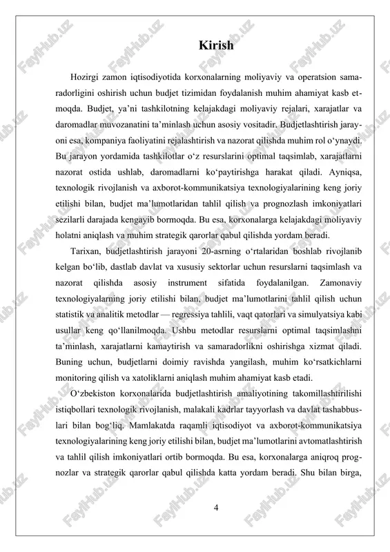 ishi, budjet ma’lumotlarini avtomatlashtirish va tahlil qilish imkoniyatlarini kengaytiradi. bu esa, muayyan davr ichida turli ma’lumotlarni tez va aniq tahlil qilishni ta’minlaydi. o‘zbekiston sharoitida budjet tushunchasi va uning asosiy tahlil metodlarini chuqur o‘rganish, mamlakatdagi iqtisodiy rivojlanish va raqamli iqtisodiyotga o'tish jarayonida muhim rol o‘ynaydi. mamlakatda raqamli texnologiyalar va dasturiy ta’minotlarning joriy etilishi bilan, xarajatlar va daromadlarni avtomatlashtirilgan tarzda tahlil qilish imkoniyatlari kengaymoqda. bu, o‘z navbatida, korxonalarga aniqroq prognozlar qilish va strategik qarorlar qabul qilishda yordam beradi. xulosa qilib aytganda, budjet tushunchasi va uning asosiy tahlil metodlari tashkilotlarning moliyaviy boshqaruvida muhim rol o‘ynaydi. ular nafaqat tashkilotning moliyaviy holatini baholash va nazorat qilish uchun, balki kelajakdagi iqtisodiy sharoitlarni prognoz qilish uchun ham asosiy vositadir. shuningdek, bu metodlar yordamida tashkilotlar o‘z resurslarini samarali taqsimlab, xarajatlarni kamaytirish va daromadlarni oshirish imkoniyatiga ega bo‘ladilar. o‘zbekiston uchun bu yondashuvlarni takomillashtirish, texnologik rivojlanish va malakali kadrlar tayyorlash bilan bog‘liq bo‘lib, mamlakat iqtisodiyotining raqobatbardoshligini oshirishga yordam beradi. ii. …