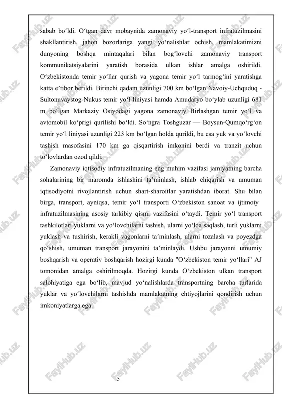 kus temir yoʻl liniyasi hamda amudaryo boʻylab uzunligi 681 m boʻlgan markaziy osiyodagi yagona zamonaviy birlashgan temir yoʻl va avtomobil koʻprigi qurilishi boʻldi. soʻngra toshguzar — boysun-qumqoʻrgʻon temir yoʻl liniyasi uzunligi 223 km boʻlgan holda qurildi, bu esa yuk va yoʻlovchi tashish masofasini 170 km ga qisqartirish imkonini berdi va tranzit uchun toʻlovlardan ozod qildi. zamonaviy iqtisodiy infratuzilmaning eng muhim vazifasi jamiyatning barcha sohalarining bir maromda ishlashini taʼminlash, ishlab chiqarish va umuman iqtisodiyotni rivojlantirish uchun shart-sharoitlar yaratishdan iborat. shu bilan birga, transport, ayniqsa, temir yoʻl transporti oʻzbekiston sanoat va ijtimoiy infratuzilmasining asosiy tarkibiy qismi vazifasini oʻtaydi. temir yoʻl transport tashkilotlari yuklarni va yoʻlovchilarni tashish, ularni yoʻlda saqlash, turli yuklarni yuklash va tushirish, kerakli vagonlarni taʼminlash, ularni tozalash va poyezdga qoʻshish, umuman transport jarayonini taʼminlaydi. ushbu jarayonni umumiy boshqarish va operativ boshqarish hozirgi kunda "oʻzbekiston temir yoʻllari" aj tomonidan amalga oshirilmoqda. hozirgi kunda oʻzbekiston ulkan transport salohiyatiga ega boʻlib, mavjud yoʻnalishlarda …