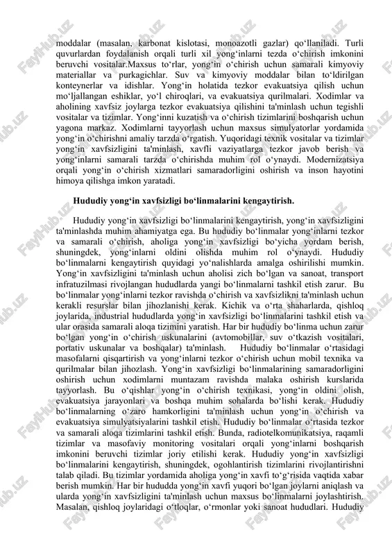 i olish, tezkor o‘chirish, aholi va xodimlarning xavfsizligini ta'minlashga qaratilgan kompleks yondashuvlar amalga oshirilmoqda. bu jarayon davomida zamonaviy texnologiyalar, malakali kadrlar tayyorlash va samarali tizimlar joriy etilishi, yong‘in xavfsizligini yanada yuqori darajaga ko‘tarishga imkon yaratadi. yong‘in xavfsizligi xizmatlarini texnik modernizatsiya qilish. mavjud yong‘in xavfsizligi tizimlarini yangilash va samaradorligini oshirishni anglatadi. bu jarayon quyidagi asosiy yo‘nalishlarda amalga oshirilishi mumkin. yong‘in javob berishni ta'minlash. buning uchun sensorlar va kameralardan foydalanish, masofaviy monitoring va ogohlantirish tizimlarini joriy etish. yuqori aniqlikdagi issiqlik sensori, tutun detektorlari, co va boshqa zararli gazlarni aniqlovchi tizimlar. raqamli tizimlar yordamida yong‘inning dastlabki bosqichlarini aniqlash va tezkor signal berish. suvli va quruq yong‘in o‘chirish tizimlari, ayniqsa, avtomatik tizimlar bilan yangilanishi kerak. gazli va kimyoviy yong‘in o‘chirish tizimlarini rivojlantirish. evakuatsiya yo‘llarini tez va xavfsiz aniqlash, maxsus chiroq va signallardan foydalanish. evakuatsiya jarayonini optimallashtirish uchun mobil ilovalar va tezkor xabar berish tizimlarini yaratish. o‘rnatilgan yong‘in xavfsizligi tizimlarini muntazam ravishda tekshirib, ta'mirlash va …