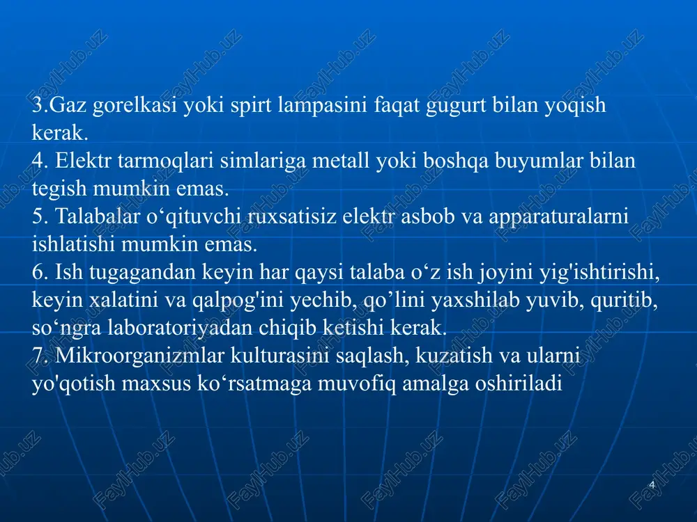 g uchun ko'rgan narsangizning rasmini daftaringizga chi- zing. 11.mikroskopni ishlatib bo‘lgach, artib, uni kichik obyektivga o'tkazing va qolipga joylashtiring. hujayra j gs mikroskop qismlari funksiyasi xx "y 666d16e4d3659.pat xg biologiya 5-sintpaf- google! x alg tat © @ armssuv.uz/frontend/web/books/666d16e4d3b59.pdf 666d1604d3b59.pdf xalq tallimi vazirligining <br 9. o'qituvchining nazoratisiz mikroskopning turli qismlarini burab olish va remont qilish mumkin emas; 10. mikroskopda ishni tugatgach, preparat olinadi va mikroskop ish holatidan chigariladi; 11. mikroskop bir joydan ikkinchi joyga ko‘chirilayotganda, u vertikal holatda tutiladi tubes tubus byam stolchasi ~~ kondensor smakrovint berra ks @ 1 8 puce. 2.6. dopmmbi ohoketouhbix oaktepuli. 1—mmkpokokku; 2-—ummokokkn; 3—ctpentokoxku; 4—ctadunokoxku; 5—caplmhbl; 6—mano4kobughele oaktepun; 7—compusibl; 8—buophohei. \ wba sh eae /docprops/thumbnail.jpeg mikrobiologiya laboratoriyasi bilan tanishish, mikroskopning tuzilishi va ishlash qoidalari
