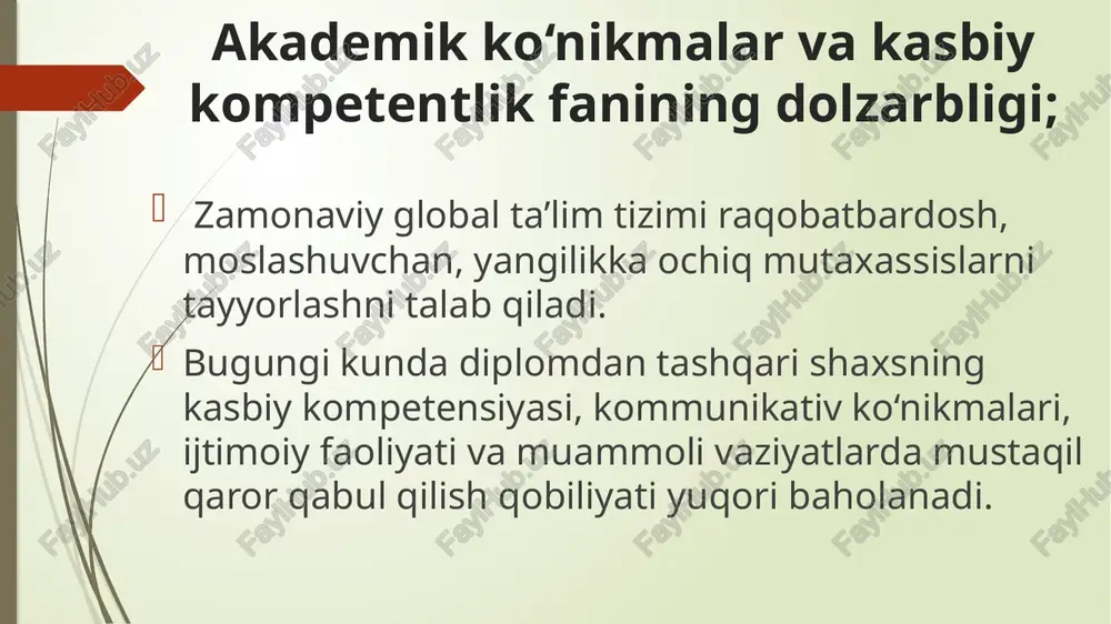 bini mohiyatini tushunish, faoliyatini tashkil etish, vazifalarini bajarish usullarini aniqlash, samaradorlik va sifatini aniqlash, tavakkalchilik qilish va qaror qabul qilish, axborotga ega bo’lish, taxlil qilish, axborot telekommunikatsiyalardan foydalanish akademik ko‘nikmalar va ularning mohiyati akademik ko‘nikmalar – bilimlarni o‘zlashtirish, tahlil qilish, tanqidiy fikrlash va nazariy bilimlarni amaliyotda qo‘llashga yo‘naltirilgan o‘ziga xos malakalar majmuidir. ushbu ko‘nikmalar turli kasb egalari o‘rtasidagi samarali muloqot, ilmiy tadqiqotlar olib borish, taqdimot qilish, ma’lumotlarni tahlil qilish va tushunishda muhim ahamiyat kasb etadi. akademik ko‘nikmalar va ularning mohiyati akademik ko‘nikmalar va ularning mohiyati akademik ko‘nikmalar kasbiy rivojlanishda ham hal qiluvchi rol o‘ynaydi, bunda quyidagilar ahamiyatlidir: bilimlarni samarali o’zlashtirish: akademik ko’nikmalar talabalarni mustaqil ravishda o’qish va o’rganishga tayyorlaydi. bu ularni ilmiy ish yozishida, yangi muammolarni o’zlashtirishida muhimdir; tanqidiy fikrlashni rivojlantirish: akademik ko’nikmalar yordamida ma’lumotlarni tanqidiy baholash, asosli xulosalar chiqarish va dalillar bilan mustaxkamlashni o’rganadi akademik ko‘nikmalar va ularning mohiyati 3. tahliliy qobiliyatni oshirish: ma’lumotlarni tahlil qilish va sintez qilish …