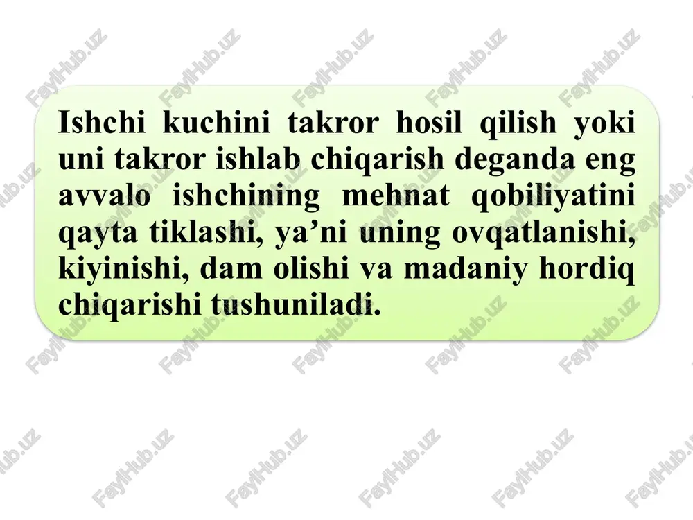 ish jarayonida o‘z qiymatidan ortiqcha, yaʼni qo‘shimcha mahsulot qiymatini yaratib, kapital egasining foyda olishga bo‘lgan ehtiyojini qondirish layoqati orqali namoyon bo‘ladi. ishchi kuchi bozori talab va taklif qonuniga muvofiq iqtisodiyot tarmoq va sohalari bo‘yicha ishchi kuchi resurslarini taqsimlash va qayta taqsimlash vazifasini bajaradi. bunda ishchi kuchi bozori subyektlarining sifat jihatidan farq qiluvchi manfaatlarini o‘zaro uyg‘unlashtirish va bog‘lashni qiymat tamoyillari asosida shakllantiriladi. ish haqi darajasi, r ishchi kuchi miqdori, q as ad e re qe ishchi kuchi bozoridagi talab va taklif egri chizig‘i biri ishchi kuchini sotib, daromad olishni istasa boshqa biri uni xarid qilib, ishlatib foyda ko‘rishni istaydi ular o‘rtasidagi savdo bitimi ishchi kuchi egasining o‘zi bo‘yicha emas, balki uning mehnat qilish layoqati, undan foydalanish shartlari va davomiyligi bo‘yicha boradi. bitim natijasi bo‘lib kapital egasi tomonidan sotib olingan ishchi kuchi evaziga to‘lanadigan ish haqi miqdori hisoblanadi ishchi kuchi bozori o‘zining maxsus tovari – ishchi kuchi xususiyatlaridan kelib chiqqan holda o‘ziga …