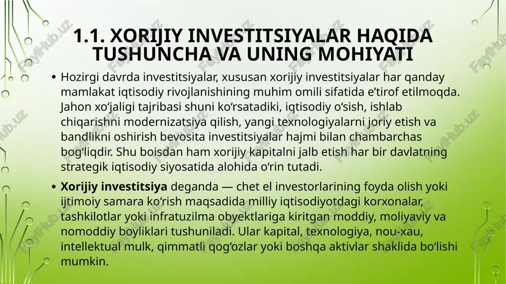 yillarda mamlakatimizda globallashuv sharoitida investitsiya siyosatini takomillashtirish, xalqaro hamkorlikni kengaytirish, sarmoyadorlar uchun qulay muhit yaratish borasida qator islohotlar amalga oshirildi. xususan, investitsion qonunchilik yangilandi, erkin iqtisodiy zonalar faoliyati kengaydi va investorlar huquqlarini himoya qilish kafolatlari mustahkamlandi. shunday qilib, jahon iqtisodiyotining globallashuvi xorijiy investitsiyalar harakatini tezlashtirib, ularni xalqaro iqtisodiy tizimning ajralmas qismiga aylantirdi. xorijiy kapitalning samarali jalb etilishi nafaqat investitsiya qabul qiluvchi mamlakatning, balki butun mintaqaning barqaror iqtisodiy rivojlanishiga xizmat qiladi. 2.1. investitsiya munosabatlarini davlat tomonidan tartibga solinishi. bozor iqtisodiyotida investitsiya jarayonlari davlat tomonidan muhim darajada tartibga solinadi, chunki investitsiyalar iqtisodiy o‘sish, ishlab chiqarishning modernizatsiyasi va ijtimoiy farovonlikning asosiy manbai hisoblanadi. davlatning bu sohadagi roli — investitsion faoliyat uchun qulay muhit yaratish, sarmoyadorlar manfaatlarini himoya qilish va iqtisodiyotning ustuvor yo‘nalishlariga kapital oqimini ta’minlashdan iborat. o‘zbekiston respublikasida investitsiya siyosatini tartibga solishning asosiy maqsadi — sarmoyaviy faoliyatni rag‘batlantirish, investitsion xavfsizlikni ta’minlash hamda milliy iqtisodiyotning barqaror rivojlanishini qo‘llab-quvvatlashdir. shu boisdan, mamlakatda investitsiyalarni boshqarish tizimi …