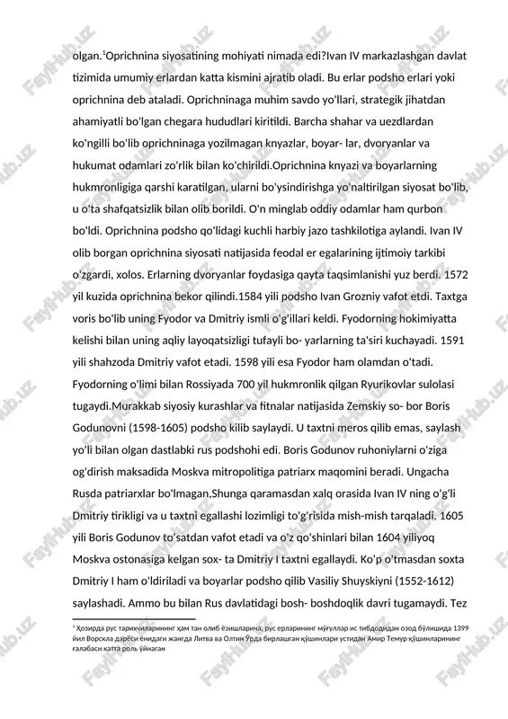 sulolasi tugaydi.murakkab siyosiy kurashlar va fitnalar natijasida zemskiy so- bor boris godunovni (1598-1605) podsho kilib saylaydi. u taxtni meros qilib emas, saylash yo'li bilan olgan dastlabki rus podshohi edi. boris godunov ruhoniylarni o'ziga og'dirish maksadida moskva mitropolitiga patriarx maqomini beradi. ungacha rusda patriarxlar bo'lmagan,shunga qaramasdan xalq orasida ivan iv ning o'g'li dmitriy tirikligi va u taxtni egallashi lozimligi to'g'risida mish-mish tarqaladi. 1605 yili boris godunov to'satdan vafot etadi va o'z qo'shinlari bilan 1604 yiliyoq moskva ostonasiga kelgan sox- ta dmitriy і taxtni egallaydi. ko'p o'tmasdan soxta dmitriy і ham o'ldiriladi va boyarlar podsho qilib vasiliy shuyskiyni (1552-1612) saylashadi. ammo bu bilan rus davlatidagi bosh- boshdoqlik davri tugamaydi. tez orada polishada boshqa dmitriy paydo bo'ladi va u ham rossiya taxtiga da'vo kiladi.rus taxti uchun da'vogarlar ko'payib borayotgan bir paytda shved- lar ham shimoldan bostirib kiradi. smolensk va novgorod erlari shvedlar qo'l ostida qoladi. 1611 yili nijniy novgorodlik qishloq oqsoqoli kuzima mi- …