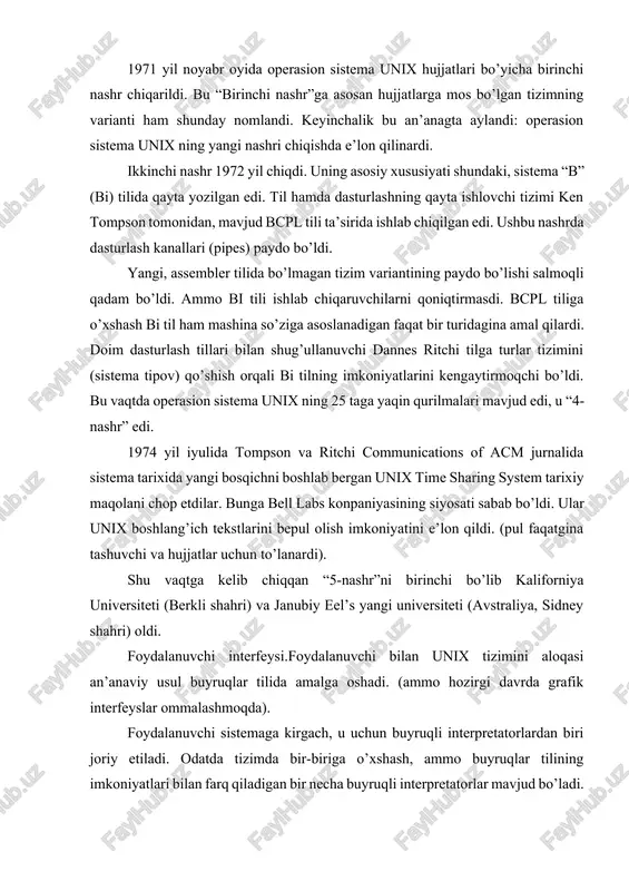 mning hisob fayllarida saqlanadi. sistema administratori ham registrasiya qilingan foydalanuvchi sifatida boshqa oddiy foydalanuvchilarga nisbatan katta imkoniyatlarga egadir. operasion sistema unixda bu muammo uid bir belgisi (nolinchi) ning ajratib ko’rsatilishi yordamida hal etiladi. bunday uid ga ega foydalanuvchi supervuser yoki root deyiladi. u ixtiyoriy faylga kirish va ixtiyoriy dasturni amalga oshirishda cheklanmagan imkoniyatga ega. bundan tashqari, bu foydalanuvchi tizimni to’la boshqarish imkoniyatiga ega. u sistemani to’xtashi yoki buzib qo’yishi ham mumkin. unix dunyosida bunday super foydalanuvchi maqomini olgan kishi albatta nima qilayotganini aniq anglashi kerak. u operasion sistemasi unix ning asosiy proseduralarini yaxshi bilishi shart. u sistemaning xavfsizligi, to’g’ri ishlatilishi, foydalanuvchilarning qo’shilishi yoki chiqarilishi, doimiy fayllardan nusxa ko’chirishlar, va h.k.lar uchun javobgardir. super foydalanuvchining yana bir xususiyati shundaki, u uchun foydalaniladigan resurslardan cheklovlar yo’q. oddiy foydalanuvchilar uchun faylning maksimal hajmi, ajratilgan xotira segmentlarining maksimal soni, diskda ruxsat etilgan maksimal hajm va h.k. kabi cheklovlar o’rnatiladi. super foydalanuvchilar bu cheklovlarnini boshqa …