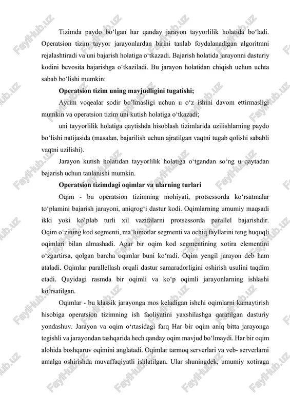 er level threads) - foydalanuvchi boshqaradigan oqimlar; yadro darajasidagi oqimlar (kernel level threads) - yadroda ishlaydigan operatsion tizim boshqaradigan oqimlar, operatsion tizim yadrosi. foydalanuvchi darajasidagi oqimlar bunday holda, oqimlarni boshqarish yadrosi oqimlarning mavjudligi haqida xabardor bo‘lmaydi. oqimlar kutubxonasi oqimlarni yaratish va yo‘q qilish, xabarlar va ma’lumotlarni oqimlar o‘rtasida uzatish, oqimlarni bajarishni rejalashtirish va oqim kontekstlarini tiklash va saqlash kodlarini o‘z ichiga oladi. - foydalanuvchi darajasidagi oqimlarning afzalliklari: - oqimni almashtirish yadro rejimi imtiyozlarini talab qilmaydi; - foydalanuvchi darajasidagi oqim har qanday operatsion tizimda ishlashi mumkin; - rejalashtirish foydalanuvchi darajasidagi oqimga xos bo‘lgan dastur bo‘lishi mumkin; - foydalanuvchi darajasidagi oqimlar tezda yaratiladi va boshqariladi. - foydalanuvchi darajasidagi oqimlarning kamchiliklari: - oddiy operatsion tizimda tizim qo’ng’iroqlarining aksariyati bloklanadi; - ko‘p oqimli ilovalar ko‘p protsessorli ishlov berishning afzalliklaridan foydalana olmaydi. o’rnatilgan tizim-bu amaliy kompyuter tizimi bo’lib, u boshqa turdagi kompyuter tizimlaridan, ya’ni shaxsiy kompyuterlar (pc) yoki superkompyuterlardan farq qiladi. biroq, siz “o’rnatilgan tizim” …