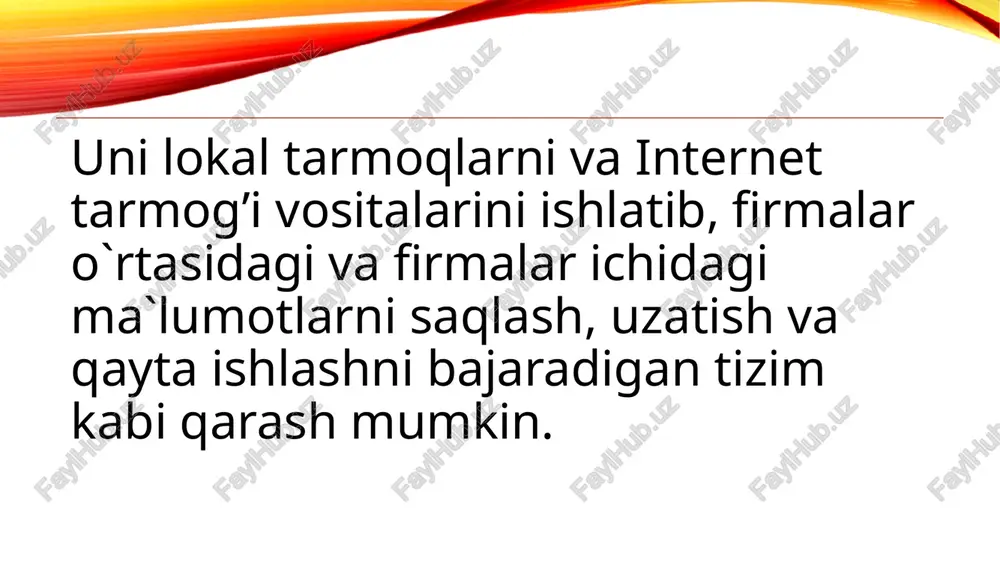 i paydo bo`lishini ham hisobga olishlari kerak. yuqori raqobat sharoitlarida yana bir muhim talab shuki- ma`lumot uzatish samaradorligini oshirish va trafikni har bir megabayt axborotini etkazish narxini pasaytirishdan iborat. boshqaruvchi (kontroller)larga ega bazaviy stansiyalar va (podvijnoy) aloqa kommutatsiya markazlari (mobile switching center,msc) (cdma total solution)ni bog’lovchi taqsimlovchi tarmoqlar (backhaul) (cdma total solution); msc markazlari orasida yuqori tezlikli transportni ta`minlovchi magistral tarmoqlari (backhaul). qoplash maydoni bo’yicha: - mahalliy operatorlar - mintaqaviy operatorlar - milliy operatorlar - transmilliy operatorlar xizmat turi bo’yicha: - universal aloqa xizmatlari operatorlari - sun’iy yo’ldoshli telefon operatorlari - mobil operator - ruxsat etilgan tarmoq operatori - virtual uyali aloqa operatori - internet provayderi tarmoqlarning klassifikatsiyasi. hozirda komp’yuterlarni qo`llashda ko`pgina foydalanuvchilar uchun yagona axborot makonini ta`riflovchi tarmoqlarni tashkil etish muhim ahamiyatga ega. buni butun dunyo komp’yuter tarmog’i hisoblanmish internet misolida yaqqol ko`rish mumkin. uzatish kanallari orqali o`zaro bog’langan komp’yuterlar majmuiga komp’yuterlar tarmog’i deyiladi. bu tarmoq undan foydalanuvchilarni axborot …
