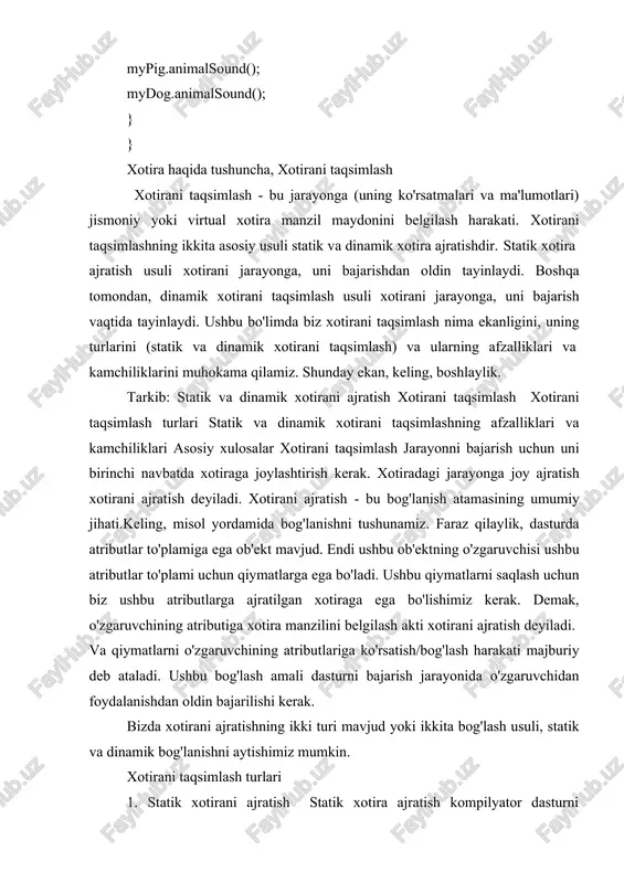 tda amalga oshiriladi. bu erda xotira dasturning ob'ektlari dastur ishlayotgan vaqtda birinchi marta foydalanilishi kerak bo'lganda ajratiladi. kerakli ma'lumotlarning haqiqiy hajmi ish vaqtida ma'lum bo'ladi, shuning uchun u dasturga aniq xotira maydonini ajratadi va shu bilan xotirani isrof qilishni kamaytiradi. dinamik xotira taqsimoti dasturni bajarish uchun moslashuvchanlikni ta'minlaydi. chunki u dastur uchun qancha xotira maydoni talab qilinishini hal qilishi mumkin. agar dastur etarlicha katta bo'lsa, unda hozirda foydalaniladigan dasturning turli qismlarida dinamik xotira taqsimoti amalga oshiriladi. bu xotira sarfini kamaytiradi va tizimning ish faoliyatini yaxshilaydi. xotirani dinamik ravishda taqsimlash tizim ustidan ortiqcha yuk hosil qiladi. ba'zi taqsimlash operatsiyalari dasturning bajarilishi davomida qayta-qayta bajariladi, bu esa dasturning sekin bajarilishiga olib keladi. dinamik xotirani ajratish operatsion tizimdan maxsus yordamni talab qilmaydi. dinamik xotirani taqsimlash usulidan foydalanish uchun dasturni loyihalash dasturchining zimmasida. shunday qilib, dinamik xotira taqsimoti moslashuvchan, lekin statik xotira taqsimotiga qaraganda sekinroq. statik va dinamik xotira ajratishning afzalliklari statik xotirani taqsimlash …