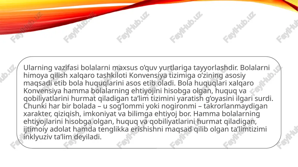oyalardan ham , eshiklardan ham sog’lom bolalar bilan birga nogiron bolalar ham bemalol o’tishlari uchun qulay sharoit - 10 - yaratilishi shart. bundan tashqari, sinf xonalari va laboratoriyalardagi maxsus o’rindiq hamda moslamalar ham nogiron bolalarga mos bo’lishi kerak. o’qishga imkon yaratish ham juda muhimdir. yozish qobiliyatlarida buzilish mavjud bo’lgan bolalarga tovush va tasvirni kattalashtirish etarli bo’lmaydi. bunda o’quvchilar imo-ishora yoki brayl xatini puxta o’rganishlari kerak. aqliy nuqsoni bor bolalar soddalashtirilgan yozma yoki og’zaki informatsiyani olishlari kerak. o’quv rejasini bunday differensiyalash o’qituvchilarda o’z ishlariga ijodiy yondashishni taqozo etadi. maktab ma’muriyati buning uchun o’qituvchilarga imkon yaratib berishi kerak. bunday ijodiy yondashuv o’quv rejasiga qattiq talab qo’yilgan joylarda birmuncha qiyinchilik tug’dirishi mumkin. “bolalarni qutqaring” (buyuk britaniya) tashkiloti, uning boshqa mamlakatlardagi tashkilotlari inklyuziv ta’limdagi asosiy to’siqlarni xalq ta’limi tizimi va maktablarga qo’yadi. bizning fuqarolik jamiyatiga qadam qo’yayotgan davlatimizda bunday to’siqlarni o’z-o’zini boshqarishning milliy modeli bo’lgan mahallalarda hal etish mumkin. e’tiborsizlik (1), yashirish (2), mablag’ …