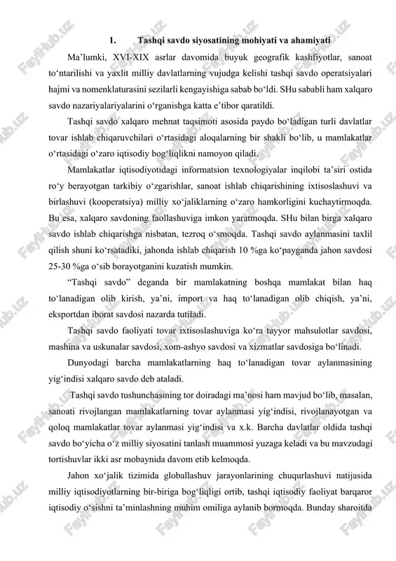 iqish, ya’ni, eksportdan iborat savdosi nazarda tutiladi. tashqi savdo faoliyati tovar ixtisoslashuviga ko‘ra tayyor mahsulotlar savdosi, mashina va uskunalar savdosi, xom-ashyo savdosi va xizmatlar savdosiga bo‘linadi. dunyodagi barcha mamlakatlarning haq to‘lanadigan tovar aylanmasining yig‘indisi xalqaro savdo deb ataladi. tashqi savdo tushunchasining tor doiradagi ma’nosi ham mavjud bo‘lib, masalan, sanoati rivojlangan mamlakatlarning tovar aylanmasi yig‘indisi, rivojlanayotgan va qoloq mamlakatlar tovar aylanmasi yig‘indisi va x.k. barcha davlatlar oldida tashqi savdo bo‘yicha o‘z milliy siyosatini tanlash muammosi yuzaga keladi va bu mavzudagi tortishuvlar ikki asr mobaynida davom etib kelmoqda. jahon xo‘jalik tizimida globallashuv jarayonlarining chuqurlashuvi natijasida milliy iqtisodiyotlarning bir-biriga bog‘liqligi ortib, tashqi iqtisodiy faoliyat barqaror iqtisodiy o‘sishni ta’minlashning muhim omiliga aylanib bormoqda. bunday sharoitda alohida olingan mamlakat faqat o‘z ichki imkoniyatlariga tayanib ijtimoiy-iqtisodiy taraqqiyotda biror bir jiddiy natijalarga erishishi mushkul hisoblanadi. garchi so‘nggi yillarda xalqaro iqtisodiy aloqalarda tovar eksportiga nisbatan investisiyalarni bevosita xorijga chiqarish yuqori sur’atlarda o‘sayotgan bo‘lsa-da, jami jahon xo‘jalik aloqalarining 4/5 …