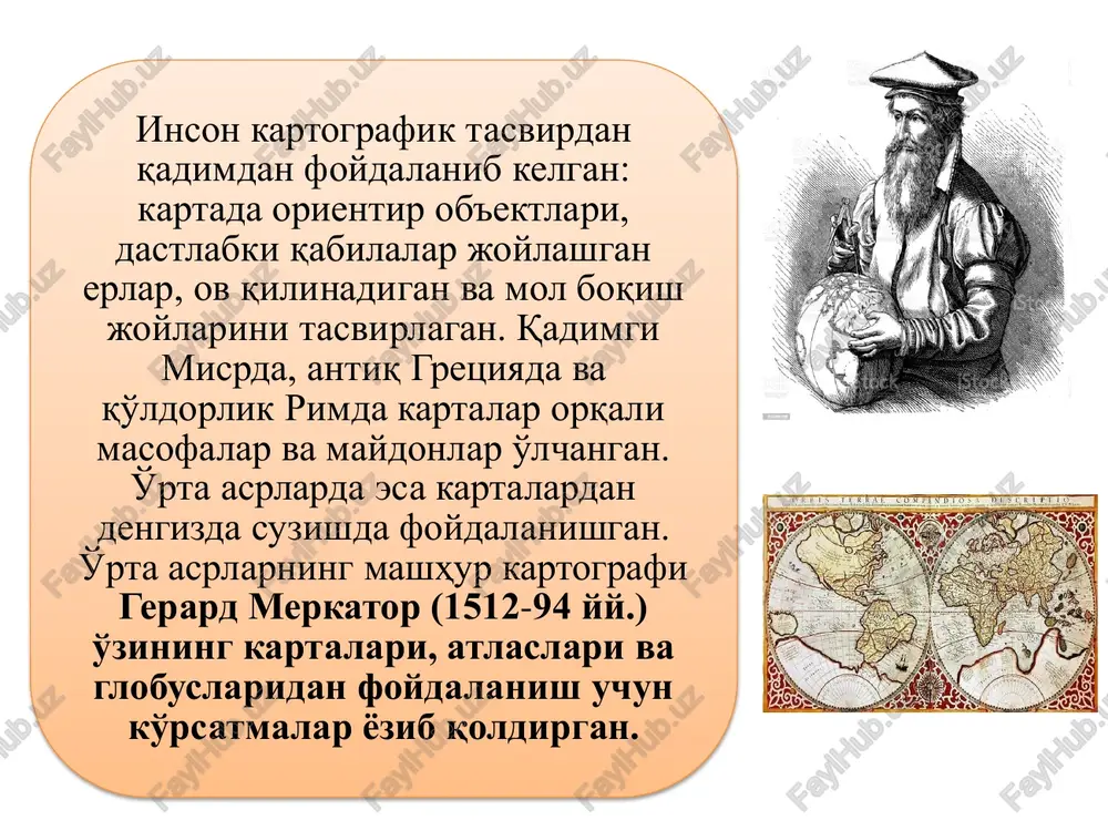 dlar qo'shilgan. eng ko'p ishlatiladigan taxlil usullarini quyidagicha guruhlash mumkin: -izohlash - umumiy - elementlar bo'yicha grafikli (chizmali) usullar - ikki o'lchamli grafiklar - uch o'lchamli grafiklar grafo-analitik usullar - kartometrik - morfometrik matematik-kartografik modellashtirish usullari - matematik taxlil - matematik statistika - ehtimollar nazariyasi kartalarni tahlil qilish umumgeografik karta bilan mavzuli kartalarda bir xil emas. tahlil qiluvchi shu karta mazmuni va kartografik jihatdan etarli ma'lumotga ega bo'lmog'i zarur. umumgeografik kartalarni tahlil qilish yozma shaklda quyidagi tartibda olib boriladi. • kartaning nomi (atlasda bo'lsa uning nomi, beti, kim tomonidan tuzilganligi), nashr qilingan vaqti va qaerda nashr qilinganligi; • kimlarga mo'ljallanganligi; • nashr qilishda ishlatilgan ranglari; • bosh masshtabi; • kartografik proektsiyasi xatoligi va uning tarqalishi, (eng kam va eng ko'p tarqalgan maydonlari); • mazmuni qanday tasvirlanganligi: suv ob'ektlari, relefi (ishlatilgan usuli), o'simligi, tuproqlari, aholi yashaydigan joylari, chegaralari, ijtimoiy- iqtisodiy elementlari, yozilgan shriftlari; • legendasi va komponovkasi; • karta to'g'risidagi umumiy …