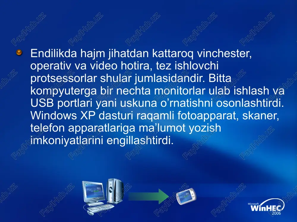 faol ishtirok etadi; shu bilan birga muloqat foydalanuvchi uchun odatlangan tilda — birinchi navbatda tovushli va videoobrazlar tilida bo’lib o’tadi. multimedia vositalari ga quyidagilar kiradi: ma’lumotlarni audio — (nutqli) va videokiritish va chiqarish qurilmalari; yuqori sifatli tovushli (sound) va video — (video) platalar, videoqamrash platalari (video grabber), ular videomagnitofondan yoki videokameradan tasvirni oladi va uni shk ga kiritadi; yuqori sifatli kuchaytirgichli, tovush kolonkali, katta videoekranli akustik va videoqabul qiladigan tizimlar, hozirdayok keng tarqalgan skanerlar (chunki ular kompyuterga bosma matnlarni va rasmlarni avtomatik kiritish imkonini beradi); yuqori sifatli printerlar va plotterlar. 5/10/2024 4:04 pm © 2006 microsoft corporation. all rights reserved. microsoft, windows, windows vista and other product names are or may be registered trademarks and/or trademarks in the u.s. and/or other countries. the information herein is for informational purposes only and represents the current view of microsoft corporation as of the date of this presentation. because microsoft must respond to …