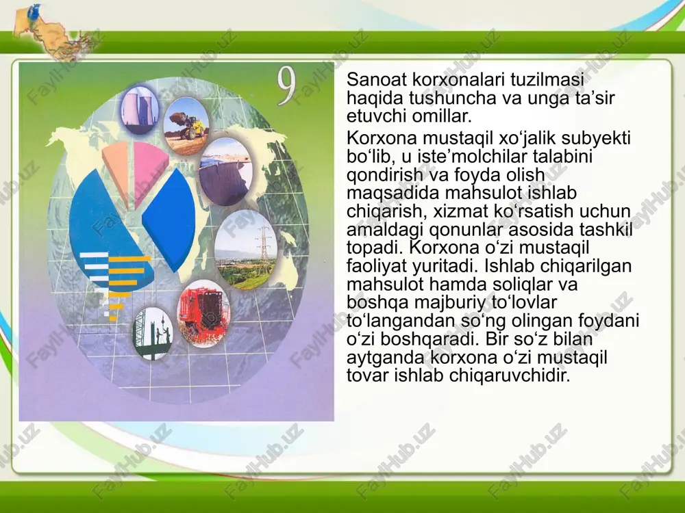 bu, uning elementlari bo’yicha mehnat taxsimotini tashki etish bo’lib xisoblanadi. shu bilan birga sanoat korxonalarining ixtisoslashuv darajasi va kooperatsiya darajasini ham ifodalaydi. ishlab chiqarish strukturasining tarkibi, ishlab chiqarish bo’linlamalari xajmi, sexlar va uchastkalarning proporsionallik darajasi , ishlab chiqarish maydoni, va boshqalar ishlab chiqarish jarayoning ritmik bo’lishiga va ishlab chiqarish xarajatlari va maxsulot ishlab chiqarish xajmiga o’z ta’sirini o’tkazadi. shunday ekan ishlab chiqarish strukturasui quyidagi talablarga javob bermog’i lozim: foydalanilgan adabiyotlar karimov i.a. o‘zbekiston respublikasining 2013-yilda ijtimoiy-iqtisodiy rivojlantirish yakunlari va 2014-yilga mo‘ljallangan iqtisodiy dasturning eng muhim ustuvor yo‘nalishlariga bag‘ishlangan vazirlar mahkamasining majlisidagi ma’ruzasi. – t, 2014. abdukarimov i.t. va boshqalar korxona iqtisodiy salohiyati tahlili. – t.: iqtisodiyot va huquq dunyosi, 2003 buxalkov m.i.”vnutrifirmennie planirovanoe” m: infra 1999 isayev r., qosimov s. ishlab chiqarishni tashkil etish va biznes reja. – t.: tafakkur, 2011. image2.png image3.jpeg image4.jpeg image5.jpeg image6.jpeg image7.jpeg image8.png image9.png image10.jpeg image11.jpeg image12.jpeg image13.jpeg image1.jpeg ranch as3anidanizn ‘quoudng ubio. 14 kas …