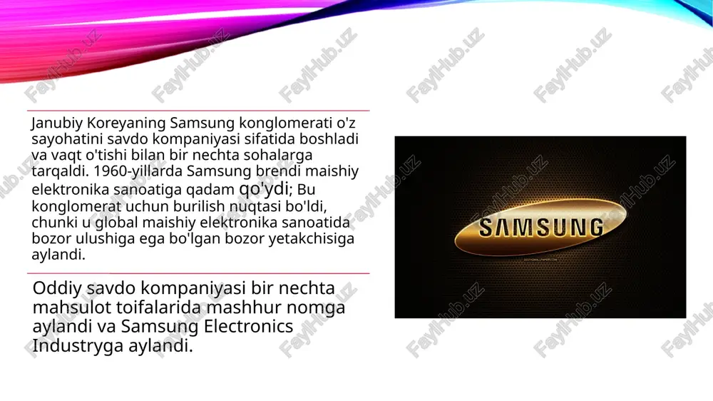 rga sotadigan o'z sotuvchilari va dilerlariga tayanadi. kompaniya distribyutor agentlariga foydali bitimlar taklif qiladi, shuning uchun ular samsung mahsulotlarini iste'mol bozorida ilgari surishlari shart. samsung kompaniyasining narx strategiyasi ko'p qirrali va dinamik bo'lib, uning jahon bozoridagi o'rnini aks ettiradi. bu yerda umumiy ko‘rinish: flagman mahsulotlari uchun yuqori narxlar : samsung eng so'nggi galaxy s va note seriyalari kabi o'zining ilg'or xususiyatlari va brend obro'sidan foydalangan holda o'zining flagman mahsulotlariga yuqori narxlarni belgilaydi. o'rta toifadagi mahsulotlar uchun raqobatbardosh narxlar : kompaniya yuqori raqobatbardosh segmentda samarali raqobat qilish uchun o'rta darajadagi modellarini strategik baholaydi. bozorga asoslangan narxlash : samsung bozor sharoitlari va iste'molchilarning xarid qobiliyatiga qarab narxlarni moslashtiradi, bu esa global bozorga kirishni ta'minlaydi. rag'batlantiruvchi narxlash taktikasi : kompaniya tez-tezsotuvlar va bozordagi mavjudligini oshirish uchun chegirmalar va to'plam takliflarini o'z ichiga olgan reklama narxlarini qo'llaydi. innovatsiyalarga asoslangan narxlash : narxlar samsungning ilmiy-tadqiqot va innovatsiyalarga doimiy sarmoyasini aks ettiradi va yangi, ilg'or texnologiyalar …