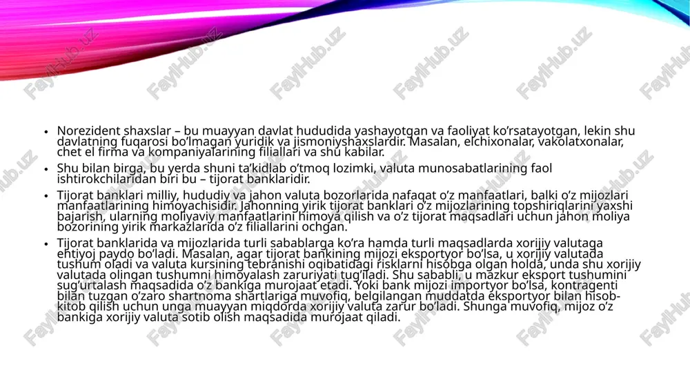 valutalarning oldisotdi operatsiyalari bilan ham shug’ullanishi mumkin. hozirgi sharoitda rasmiy valuta intervensiyasi deganda davlatning valuta bozoridagi valutaga bo’lgan talab va taklifni hamda kurslar nisbatini o’zgartira oladigan, bir maqsadga yo’naltirilgan faoliyati tushuniladi. biroq amaliyotda valuta intervensiyasi tushunchasi xorijiy valutaning milliy valutaga nisbatan oldi-sotdisi bilan bog’liq rasmiy shartnomalardan iborat (shu jumladan, davlat tashkilotlariga xizmat ko’rsatish, xalqaro valuta fondi bilan munosabatlar, valuta zaxiralari bo’yicha foiz to’lovlari, xorijiy valutada olingan qarzlar va shu kabilar). har qanday intervensiyaning hozirgi paytdagi yakuniy maqsadi – valuta bozorida muvozanatli sharoitni ta’minlash, valuta kurslarining keskin tebranishi ehtimolini bartaraf qilishdir. o’z navbatida, valuta bozorining barqarorligi mamlakatning tashqi iqtisodiy faoliyati va yalpi iqtisodiyotining rivojlanishini ta’minlashi lozim. har qanday davlat o’z iqtisodiyotining konkret xususiyatlaridan, tashqi iqtisodiy aloqalarda ishtirok etishi uchun uning ochiqlik darajasidan kelib chiqqan holda o’z valuta intervensiyasining vazifalarini belgilaydi. amaliyot shuni ko’rsatib turibdiki, hozirgi sharoitda davlatlar valuta bozoridagi o’z faoliyatida qisqa va uzoq muddatli maqsadlarni ko’zlamoqda. shu bilan birga, ular …