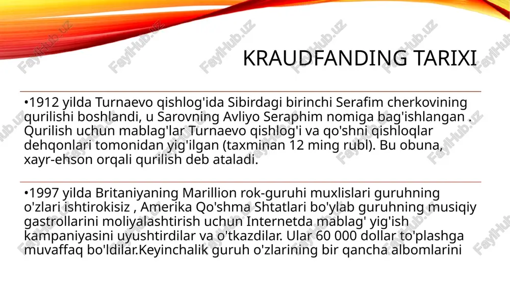 e'dod va kapitalni darhol topish uchun turli saytlarda olomondan foydalanadilar. • kraudsorsingning kraudsfandingdan farqi shundaki, birinchi holatda biznes egalari omma orasida innovatsion g‘oyalarni, ikkinchisida esa pulni qidiradi. garchi ikkala usul ham bitta vositaga - jamoaviy aqlning kuchiga tayansa ham, ular turli maqsadlarga ega. kraudfanding qanday ishlaydi? • ko'pgina saytlar qandaydir kraudfanding harakatlariga ega, ammo ularning barchasi biroz boshqacha ishlaydi. ular asosan quyidagi toifalarga bo'linishi mumkin. mukofotga asoslangan kraudfanding • ehtimol, eng ommabop kraudfanding usuli kickstarter va indiegogo kabi mukofotlarga asoslangan saytlar shaklida bo'lishi mumkin. mukofotga asoslangan kraudfanding yordamida odamlar ijodiy loyihalar, yangi texnologiyalar yoki boshqa har qanday mahsulot yoki xizmatlarga garov berishlari mumkin. • masalan, sizga yoqqan musiqachi navbatdagi albomini tayyorlash uchun kraudfandingdan foydalanishi mumkin. ular yangi albom uchun kickstarter sahifasini yaratadilar, ular uchun asosiy g'oyalarni bayon qiladilar. siz (boshqa muxlislar qatori) loyihaga 10 dollar qo'shasiz. buning evaziga siz tugatgandan so'ng albomning raqamli nusxasini olasiz. foydalanilgan adabiyotlar. 1. karelov, sergey. …