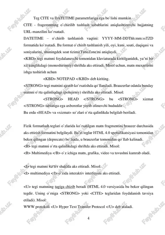 boriladi. misol, shriftlarni belgilash bu uzgartirilmagan shriftda yozilgan matn bu esa shriftni ko`rsatishga misol 7 size atributi shrift o`lchamini 1 dan 7 gacha bo`lgan shriftli birliklarda ko`rsatishga hizmat qiladi. shritfning aniq o`lchami foydalanilayotgan brauzer turiga bog`liq. o`rtacha shrift o`lchami 3 birlikni tashkil etadi deb qabul qiladi. shrift o`lchami ham absolyut kattalik (size=2), ham nisbiy katta (size=+1) tarzida berilishi mumkin. misol: shrift o`lchamini belgilash shrift o`lchami 1 shrift o`lchami 2 shrift o`lchami 3 shrift o`lchami 4 shrift o`lchami 5 shrift o`lchami 6 shrift o`lchami 7 color atributi shrift ranggini o`zgartiradi. buni ranglar nomi yoki #rrggbb formati yordamida amalga oshirish mumkin. misol: shrift o`lchamini belgilash 8 yashil rangli matn qizil rangli matn masalan: shrift, o`lcham va ranggini belgilash matn ranggi sariq, o`lchami katta, shrift – courier tegi – bu teg hujjatda biror harakt amalga oshirilganda ishlatiladigan shrift o`lchami, turi va ranggini berishga hizmat qiladi. u bajarilganda butun hujjat uchun amal qiladi. bu …