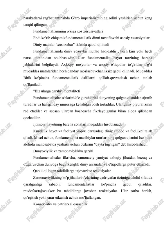 ozirgi jamiyatda fundamentalizm jamiyatning ayrim qatlamlarida dinning fundamentalistik talqini kuchaymoqda. so'nggi paytlarda bu hodisaning eng ko'p muhokama qilingan ikkita shakli xristian va islom fundamentalizmidir. xristian fundamentalizmi: misollar xristian fundamentalizmining eng yorqin misollaridan birini bugungi kunda ko'rish mumkin. aqshda yangi xristian huquqi (diniy huquq deb ham ataladi). bu amerika o'ng qanot siyosatining bo'limi bo'lib, ularning siyosiy e'tiqodlarining asosi sifatida xristianlikka tayanadi. ular iqtisodiy emas, balki ijtimoiy va madaniy masalalarga e'tibor qaratadi. yangi xristian huquqi konservativ qarashlarga ega va turli masalalar, xususan, ta'lim, reproduktiv muammolar bo'yicha siyosat va islohotlarni ilgari suradi. erkinlik va lgbt+ huquqlari. ular biologiya o‘quv dasturlarida evolyutsiya emas, balki kreatsionizm ni o‘rgatish tarafdori vamaktablarda jinsiy ta'limni bekor qilish va faqat o'z-o'zini tiyish haqidagi xabarlar bilan almashtirish kerak. xristian o'ng qanot fundamentalistlari ham reproduktiv huquqlar va erkinliklarga qarshi bo'lib, abort va kontratseptsiyani qoralaydi va bu xizmatlarni taqdim etishga qarshi lobbichilik qiladi. yangi nasroniy huquqining ko'plab tarafdorlari ham gomofobik va transfobik …