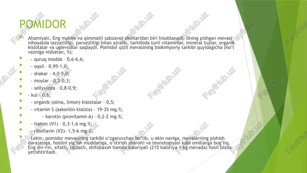 gullashdan keyin 40-55 kun mevalari yetila boshlaydi. pomidor ko‘chatidan o‘stirilganda, parnikka sepilgan urug‘ unib maysalari ko‘ringandan to hosili pishguncha o‘simlikning naviga va o‘stirish texnologiyasiga qarab 100-120 kun o‘tadi. urug‘i bevosita dalaga ekilganda o‘simlikning o‘suv davri 70-90 kun davom etadi. odatda, kuzgi dast¬labki sovuq tushishi bilanoq pomidorning o‘suv davri to‘xtaydi. pomidor o‘stirish texnologiyasi. yer tanlash. oziq moddalarga boy, mexanik tarkibi yengil qumoq, sho‘rlanmagan har xil tuproq tiplari yaroqli. ayniqsa, o‘tloq, o‘tloq-bo‘z va tipik bo‘z tuproqlarda pomidor yaxshi o‘sadi, yuqori hosilni ta’minlaydi. almashlab ekishdagi o‘rni. beda, ko‘kat va dukkakli sabzavot¬lar, piyoz, sarimsoq, poliz ekinlari, bodring va karam yaxshi o‘tmishdosh. pomidorni pomidordan so‘ng yoki ituzumdoshlar oilasiga mansub boshqa ekinlar ya’ni pomidor o‘simliklarda uchraydigan ka¬sallik-zararkunandalarga chalinadigan kartoshka, qalampir, boyim¬jon, tamaki, shuningdek g‘o‘za ekinidan keyin ekmaslik kerak. chunki, pomidor mevasi g‘o‘za singari ko‘sak qurti bilan zararlanadi. bir da¬lada tomatni ikki yil o‘stirib, yana uch yildan so‘ng ekish mumkin. o‘g‘itlash. pomidor tuproq unumdorligiga va o‘g‘itlarga talab¬chan …