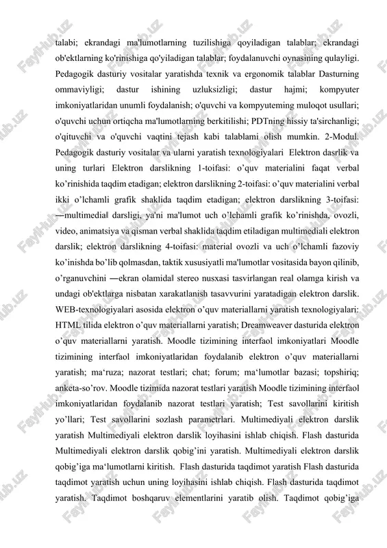 va jarayonlarni modellashtirish uchun uning loyihasini ishlab chiqish. flash dasturida ob‘yekt va jarayonlar modelini yaratish. ob‘yekt va jarayonlarni modellashtirish boshqaruv elementlarini yaratib olish. ispring dasturida manbalar yaratish ispring dasturida manbalar yaratish: anketa-so’rov hosil qilish; turli xil nazorat testlar yaratish; nazorat testlarini sozlash va nashr qilish; masofali ta‘lim uchun o’quv kurslari ishlab chiqish. ta’lim yo’nalishida tuzilgan dasturiy vosita deb, shunday dasturiy vositaga aytiladiki, ularda qandaydir predmetli soha aks ettiriladi, uni o’zlashtirish uchun u yoki bu darajada texnologiya amalga oshiriladi. dasturiy vosita orqali o’quv axborotni ekranda har xil ko’rinishda berish, bilimlarni o’zlashtirish jarayonini tashkillashtirish; o’quv yoki amaliy faoliyatida bilim va ko’nikmalarni o’zlashtirish, o’qish natijalarini nazorat qilishni samarali amalga oshirish, takrorlash, o’quvchilarning ijodiy faoliyatini faollashtirish, ma’lum turdagi fikrlash ko’rinishlarini shakllantirish va rivojlantirish mumkin. dasturiy vositalarni funktsional jihatdan quyidagi tiplarga ajratish mumkin: · amaliy dasturlar, foydalanuvchini kompyuter bilan o’quv dialogini tashkillashtirish uchun mo’ljallangan. ko’pincha ularni pedagogik dasturiy vositalar deb ham aytiladi. pedagogik dasturiy vositalarning …
