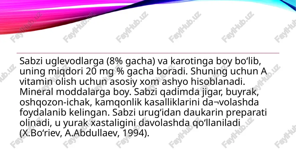 120-150 kunda pishadi. ildizmevalari yerda qishlaydi yoki kovlanib, omborxonalarda saqlanib, bahorda qayta dalaga o‘tqaziladi. tuproqqa o‘tqazilgan ildizmevalar gulpoya, gul, meva va urug‘lar hosil qiladi. ildiz va poyaning yo‘g‘onlashgan qismi ildizmeva deyiladi. o‘simlik ko‘karib, 1-2 ta chinbarg hosil qilganda ildizmeva deyiladi. o‘simlik ko‘karib, 1-2 ta chinbarg hosil qilganda ildizmeva shakllana boshlaydi. bunda o‘qildiz birlamchi po‘sti yoriladi va quriydi. har qanday ildizmeva uch qismdan tashkil topgan: 1. bosh. 2. bo‘yin. 3. haqiqiy ildiz. ildizmevalarning shakllanishida o‘simlik maysasining urug‘palla barg tirsagidan yuqori (gipokotil), urug‘palla barg tirsa¬gidan past (epikotil) va birlamchi ildiz qismlari ishtirok etadi. biologik xususiyatlari. ildizmevali sabzavot ekinlar o‘stirish texnologiyasi va yig‘ish hamda saqlash usullari. bu ekinlar asosiy hamda don va er¬tagi sabzavot ekinlari hosili yig‘ishtirib olingach, kechki ekinlar sifatida (sabzi, xo‘raki lavlagi, turp va sholg‘om) ekilishi mumkin. ularning tuproq va havo haroratiga munosabati oddiy yoki oqbosh ka¬ramnikiga o‘xshash bo‘lib, turp va sholg‘om sovuqqa chidamli, xo‘raki lavlagi esa issiqqa talabchan. turp va …