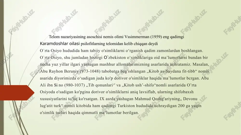 97) o'zbekiston tuban o'simliklarini o'rganish va ulardan xalq xo'jaligida foydalanishni ilmiy jihatdan asoslab berdi. akad. f.n. rusanov rahbarligida botanika bog'ida tatqiqotlardan o'simliklarni o'rganish bo'yidia juda katta ishlar qilinmoqda. ,,batanika“ ilchm xodimlari tomonidan botanika fanining turli sohalari bo'yicha ko‘plab monografiya va to'plamlar yaratildi. buiar orasida 4 tomli ,, o`zbekislon o'simliklari qoplami va ulardan oqilona foydalanish“, ,, o`zbckiston paleobotanikasi", o'zbekiston respublikasining „qizil kilob“i kabi yirik asarlar bor. karamdoshlar- brassicaceae oilasiga o‘zinmng hajmiga ko‘ra faqat o‘simliklar orasida emas, balki butun organik olam bo‘yicha buyuk va hukmronlik rolini o‘ynaydi. tuzilishiga ko‘ra ham eng murakkab va rivojlanishi bo‘yicha eng yuqori pog‘onaga ko‘tarilgan o‘simliklar hisoblanadi karamdoshlar- brassicaceae oilasiga quruqlikdagi tirik mavjudotlar: qushlar, sutemizuvchilar va shu jumladan in-sonlar hayotidagi ahamiyati haqida fikr yuritadigan bo‘lsak, u vaqtda yer kurrasida tiriklik uchun ularning ahamiyati beqiyos katta ekanligi va ularga alohida e’tibor berish kerakligiga ishonch hosil qilish mumkin karamdoshlar- brassicaceae oilasiga yer yuzida qachon paydo bo‘lgan? bu masalada yagona fikr …