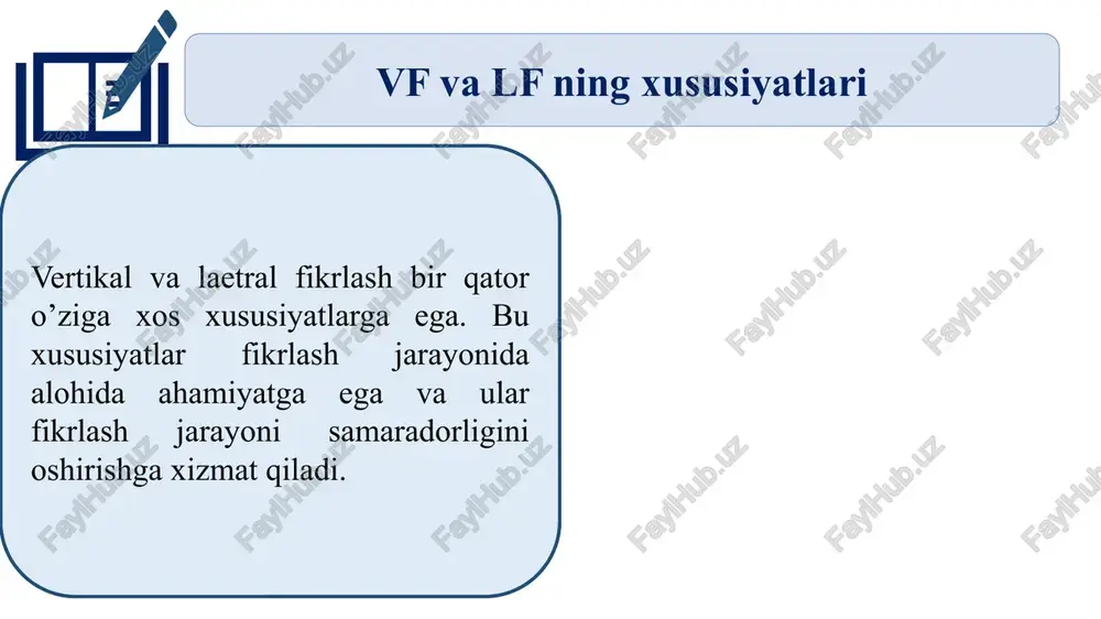 l sloan tomonidan yanada kengaytirildi. “vaziyat jumboq”lari - bu har bir savolga bir nechta mumkin bo'lgan javoblarga ega bo’lgan, shuningdek eng to’g’ri bo’lgan jumboqlarning bir qatori. o’yin o’ynayotgan bolalar nafaqat eng to’g’ri javobni to’g’ri tanlagani uchun, balki boshqa javoblarni aniqlagani uchun ham mukofotlanadi. ushbu usul yordamida shaxsning yonma-yon va vertikal fikrlash qobiliyatlari bir vaqtning o’zida rivojlanadi, shuningdek o’qituvchilarga bolaning qaysi “mutafakkir” turiga mos kelishini baholashga imkon beradi. bolaning fikrlash uslubini farqlash va tasniflash o’qituvchilar uchun rivojlanish haqida gap ketganda juda muhimdir. shu sababli, de bonodan kelib chiqadigan tushunchalarning amaliy qo’llanilishi akademik sharoitda ulkan progressiv ta’sirga ega. shunday qilib, ketma-ket fikrlash qobiliyati (bu holda vertikal fikrlash deb tasniflanadi) bu shaxs bilan rezonanslasha boshlaydigan tushunchadir. odatda shaxslar o’zlarini vertikal yoki keyinroq bo'lgan yagona fikrlash usuli bilan bog’lashganligi sababli, pol sloan bunday vaziyat jumboqlarini yoshligida kiritishni taklif qiladi. bu, aks holda shaxsga qulay bo’lmaydi deb o’ylaydigan fikrni rag’batlantirishga yordam beradi deyilgan. lateral fikrlash …
